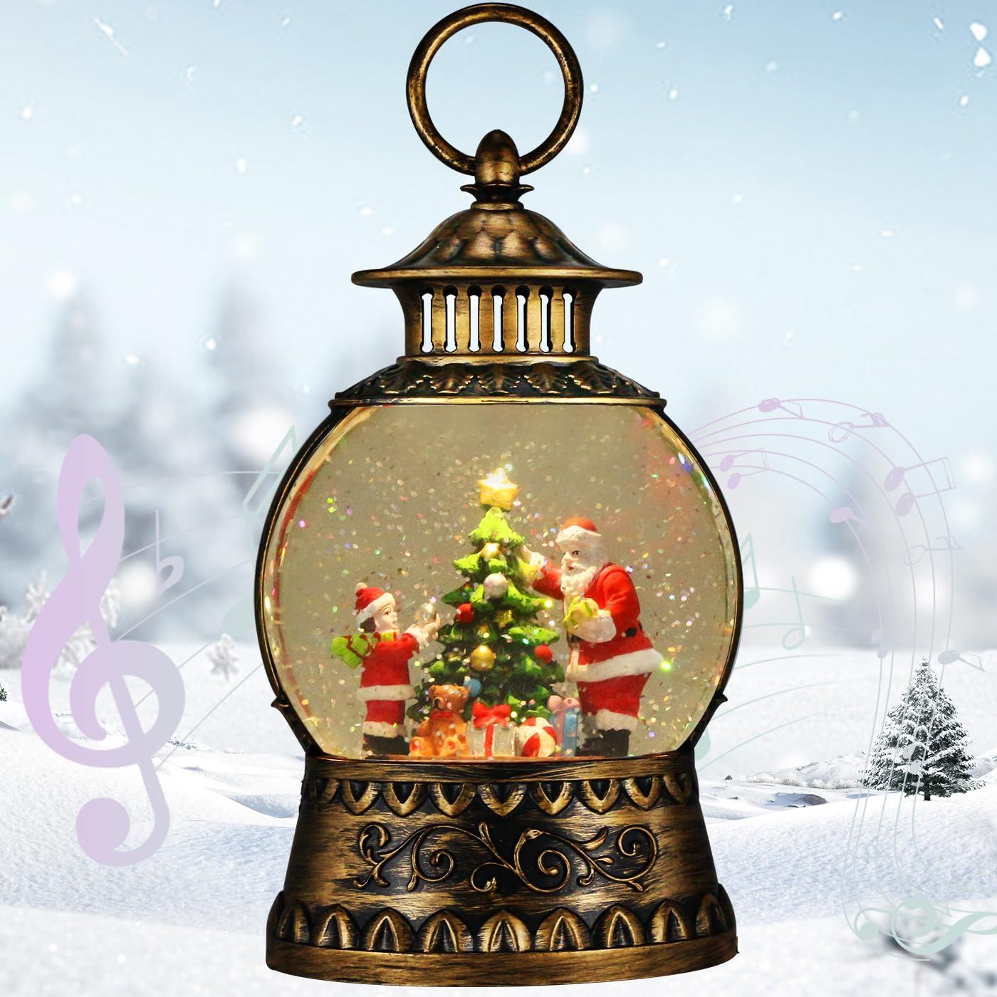 Vintage Brass Musical Santa Christmas Snow Globe Lantern