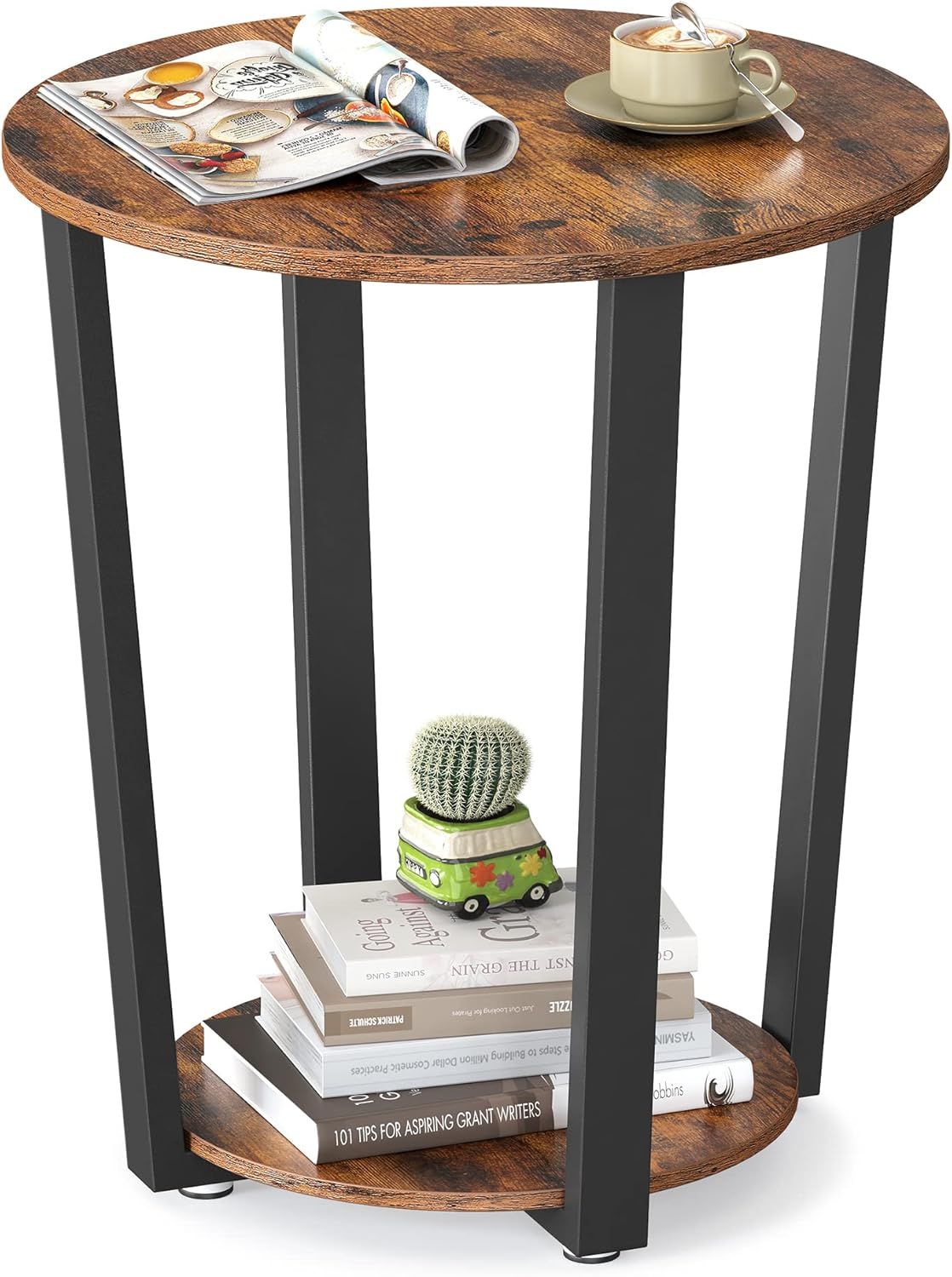 Rustic Brown and Black Round Wood Metal End Table