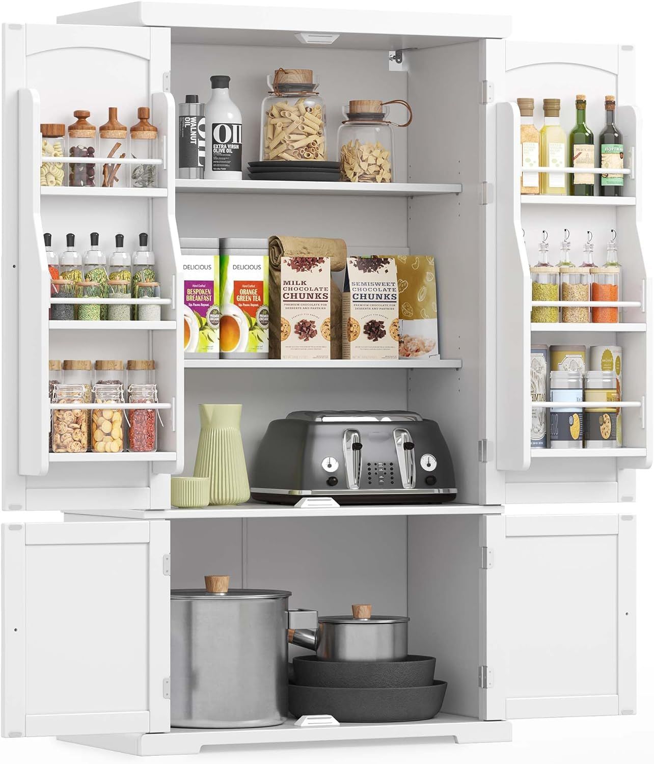 White Freestanding Tall Kitchen Pantry Cabinet with Adjustable Shelves