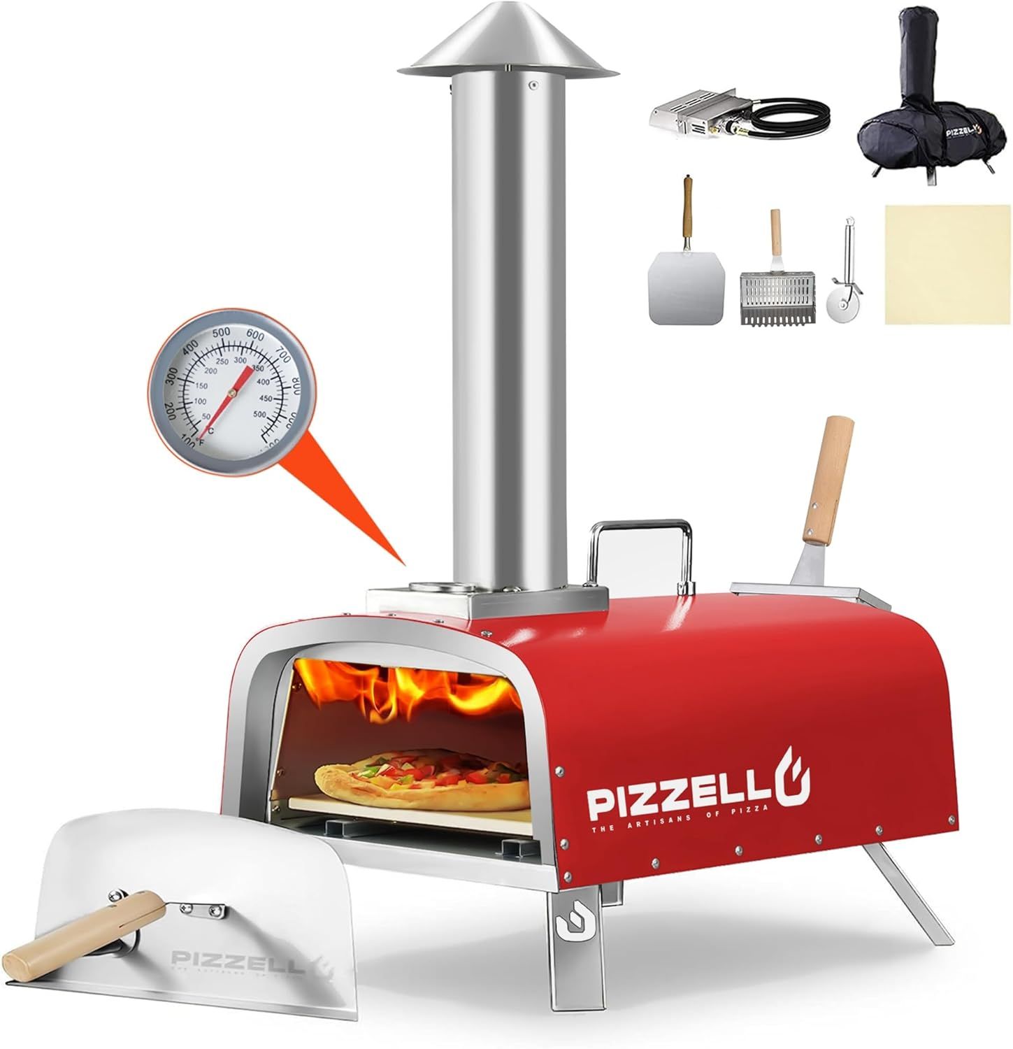 12" Red Stainless Steel Outdoor Gas and Wood Pizza Oven