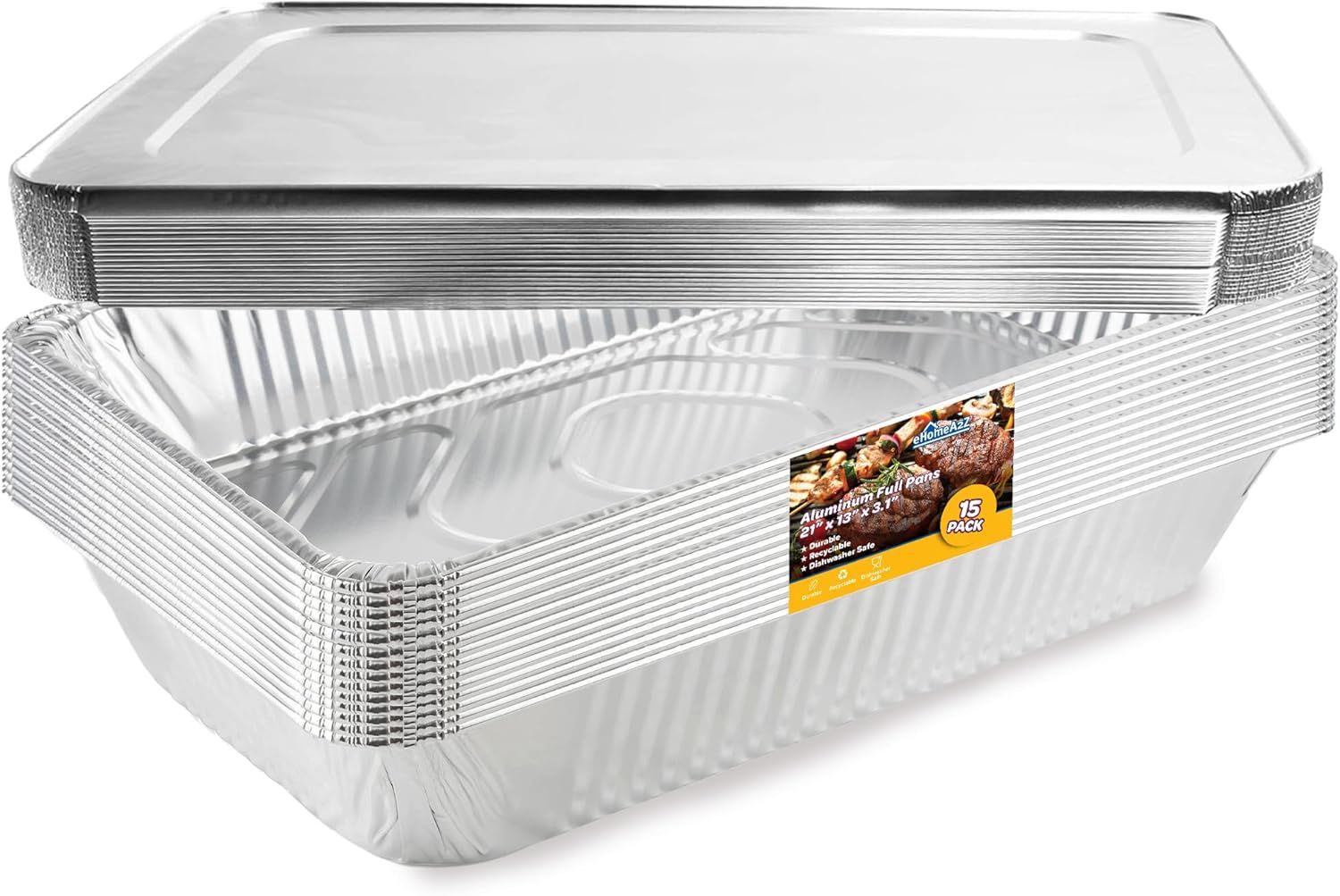 Large Rectangular Aluminum Pans with Lids, 15-Pack