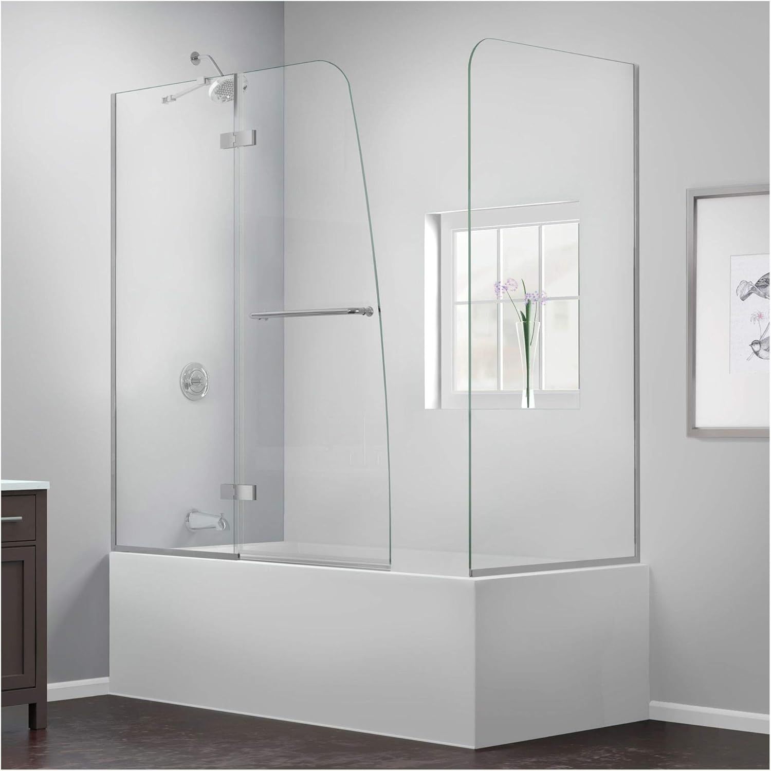 Chrome Frameless Hinged Tub Door with Return Panel, 60 x 30