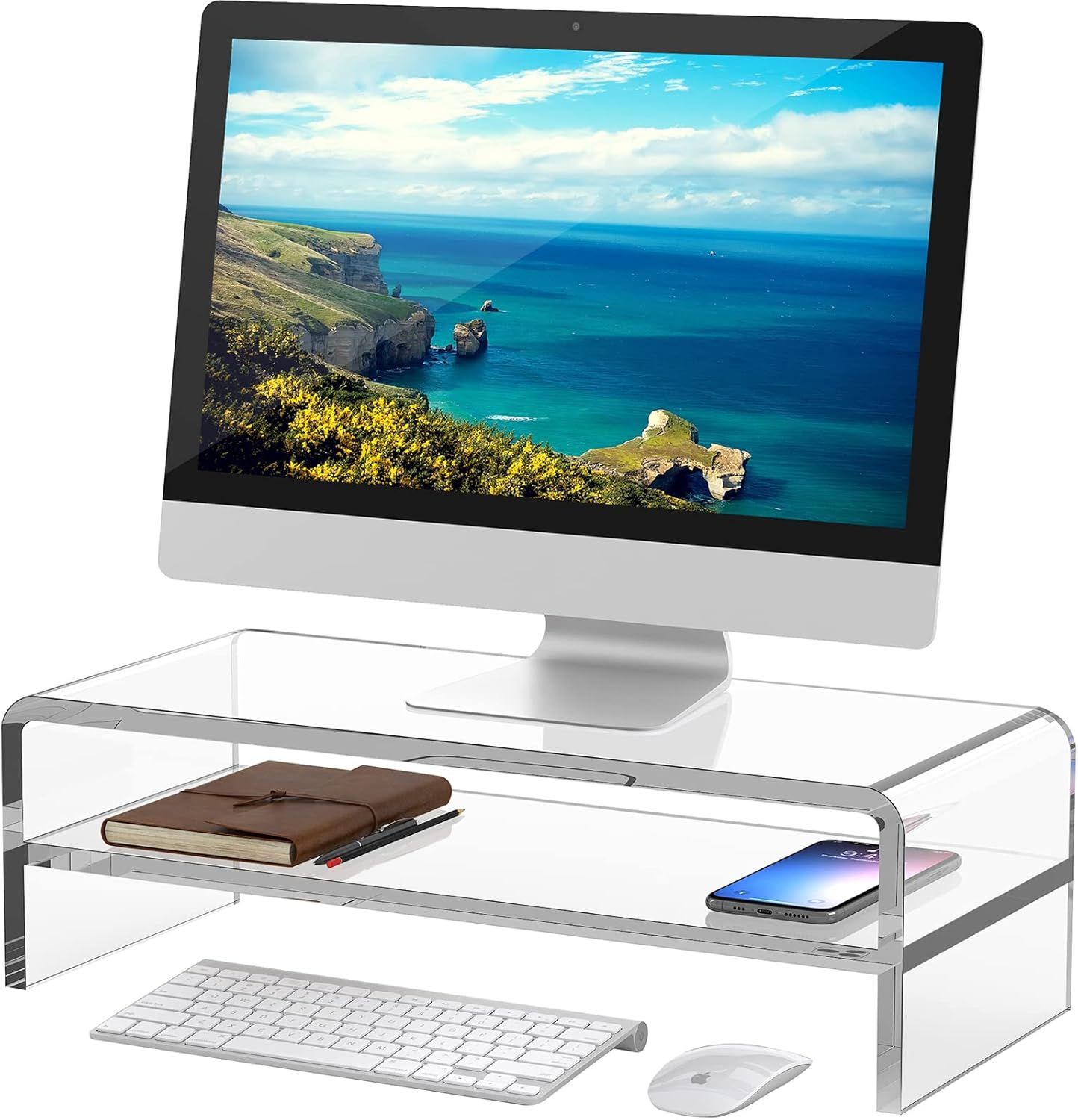 Clear Acrylic 2-Tier Monitor Stand with Keyboard Storage