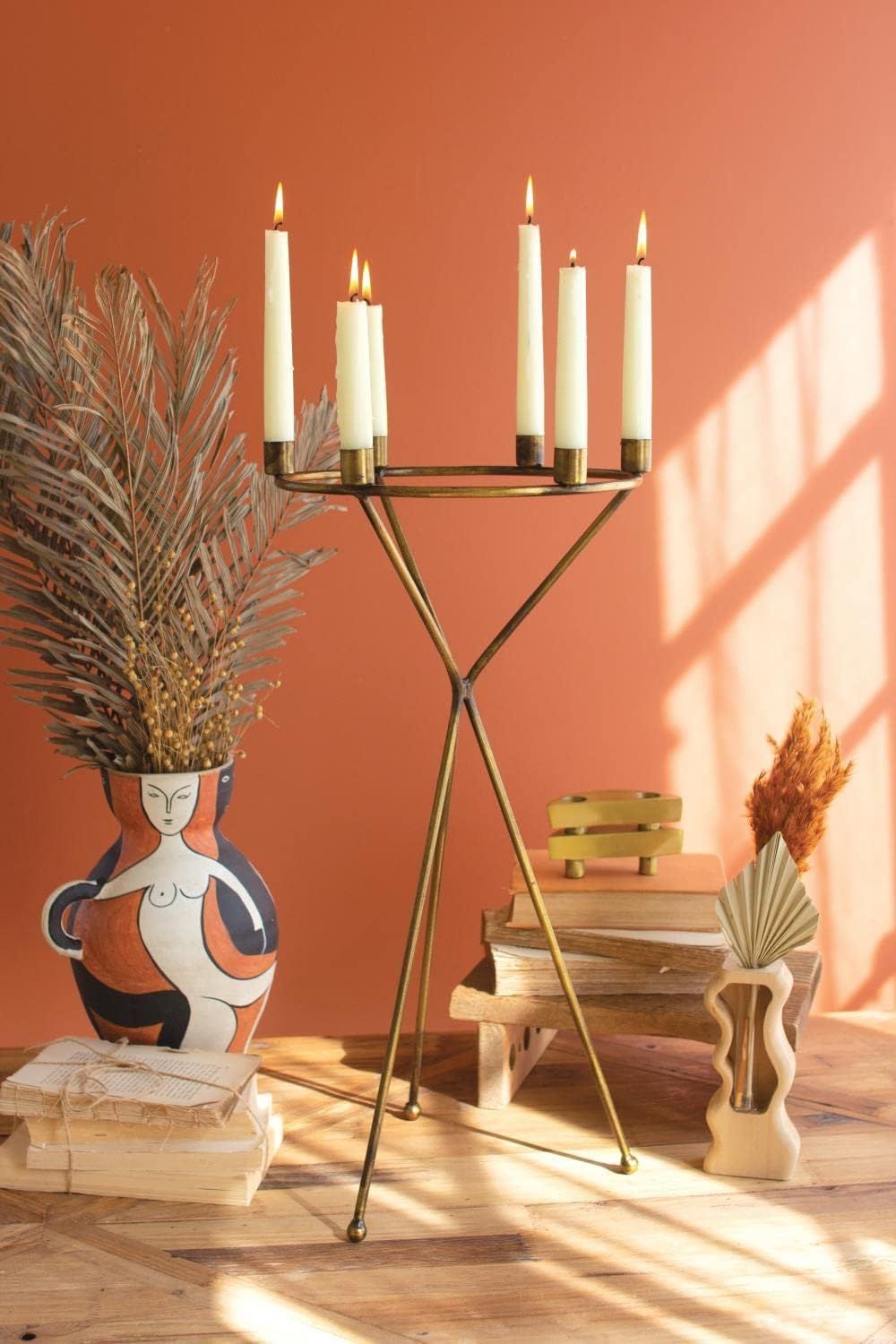 Tripod Stand Brass Tabletop Candelabra with 6 Taper Candle Holders