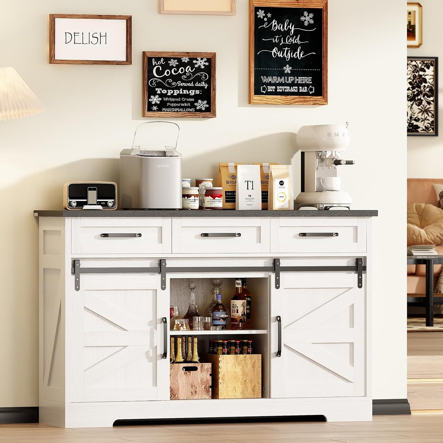 White Farmhouse Wood Sideboard Buffet Cabinet with Sliding Barn Door