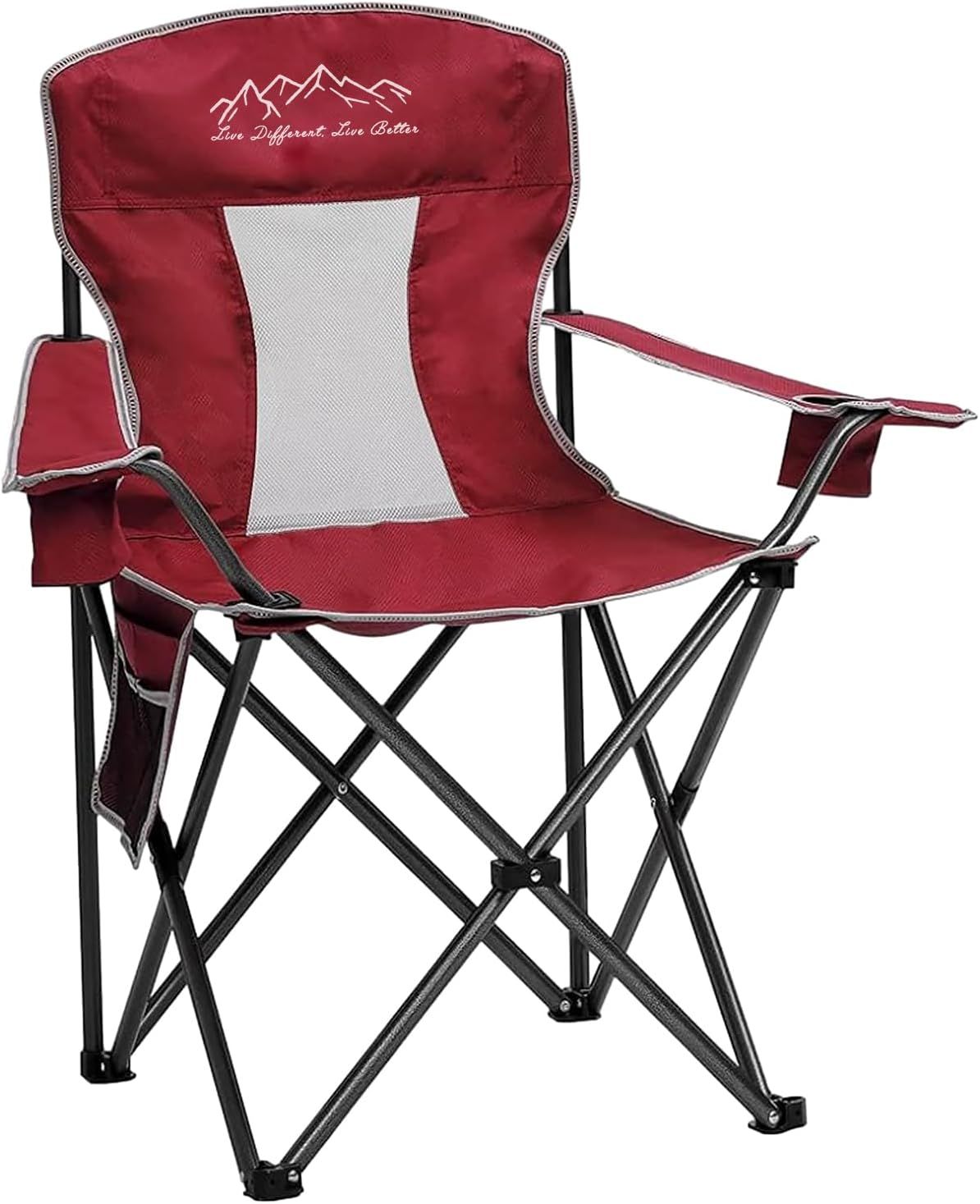 Red Mesh Folding Camping Chair with Cup Holder and Storage Pocket