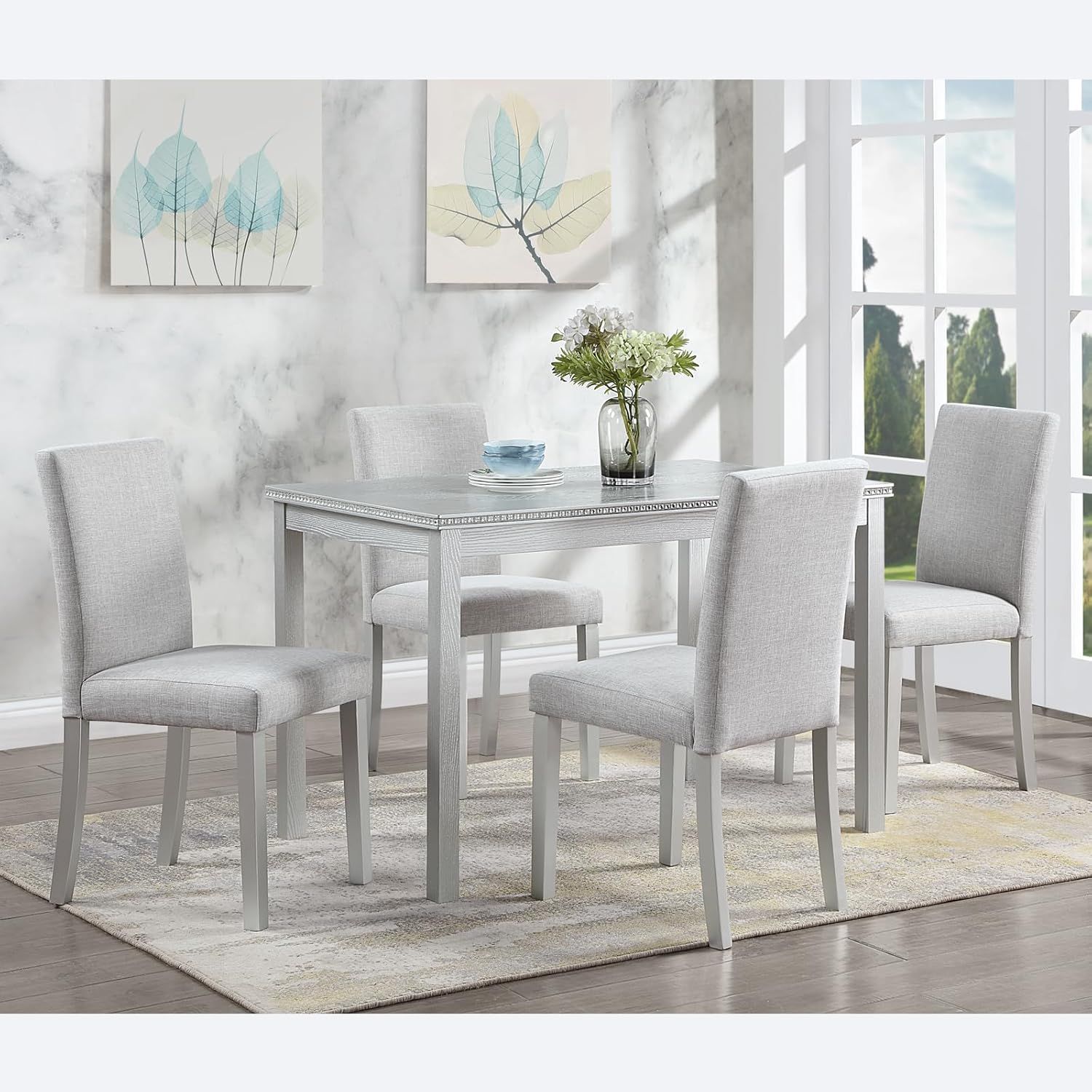 Grey Pine Wood 5-Piece Dining Set with Upholstered Chairs