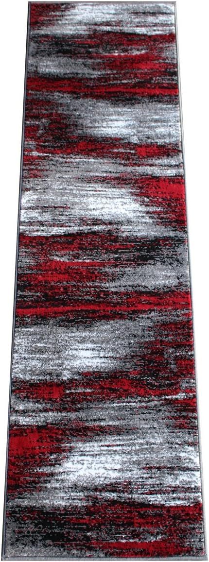 Red Grey Black High Pile Geometric Runner Rug