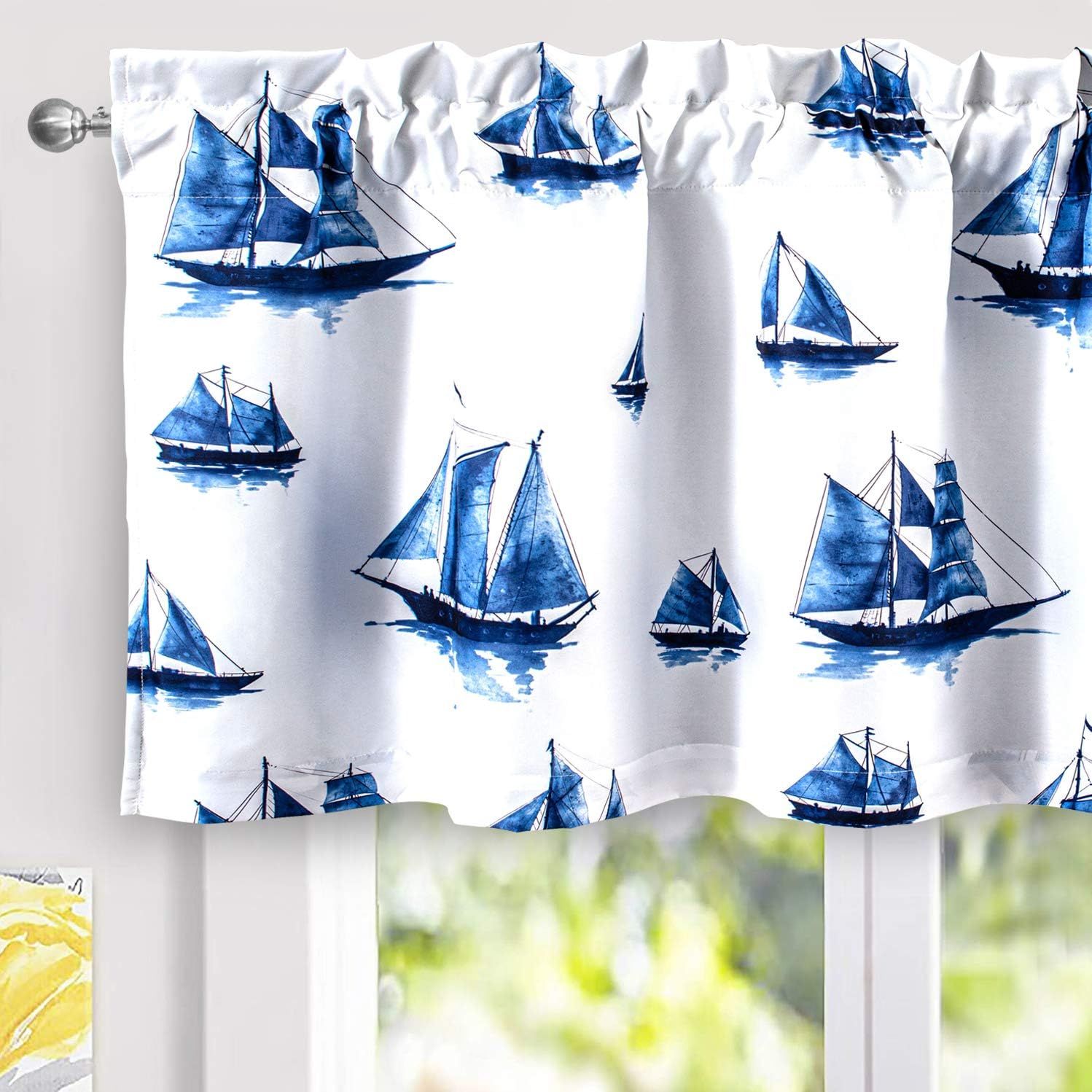 Navy and White Polyester Sailboat Print Blackout Valance