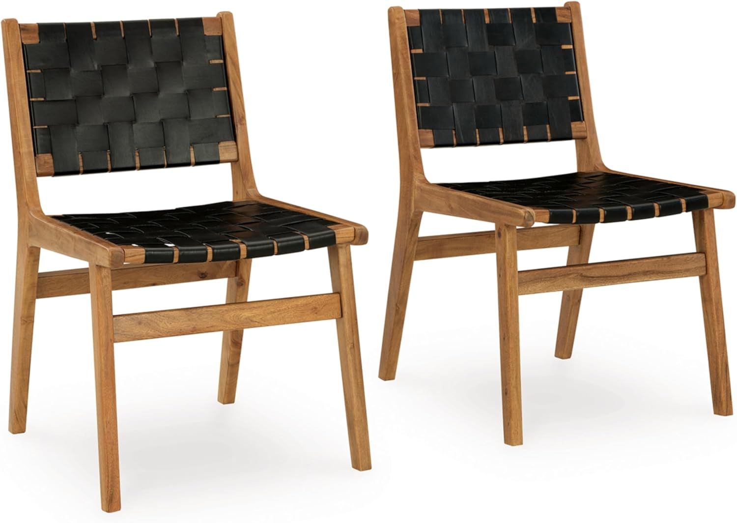 Black Woven Leather and Wood Side Chair Set