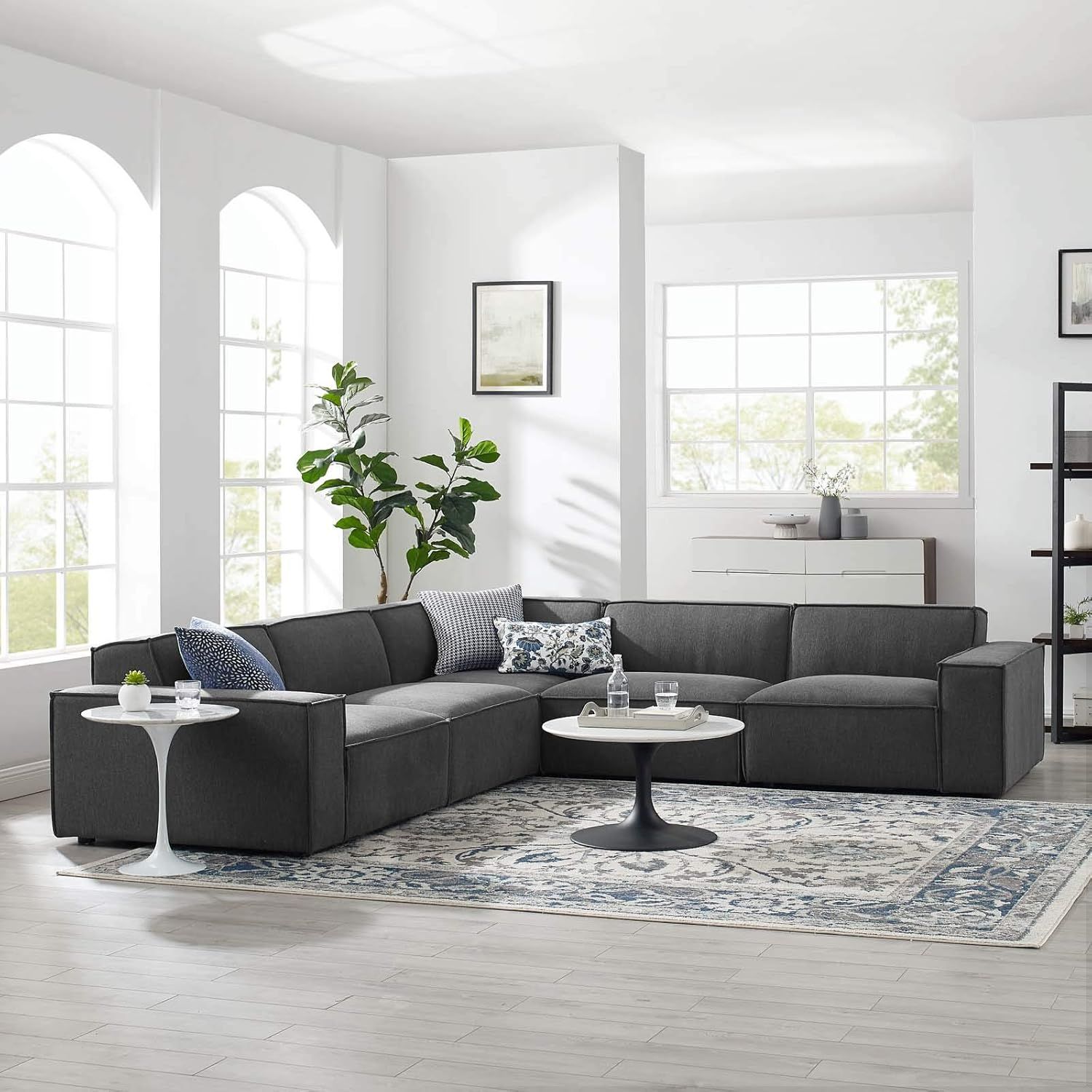 Charcoal Velvet 5-Piece Sectional Sofa with Ottoman