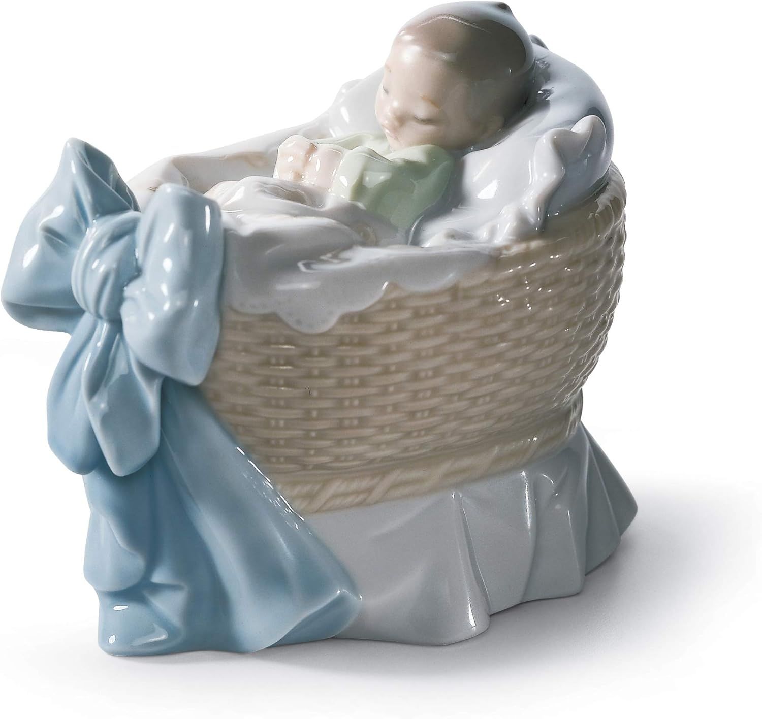 Glossy Porcelain Sleeping Child Figurine with Blue Ribbon