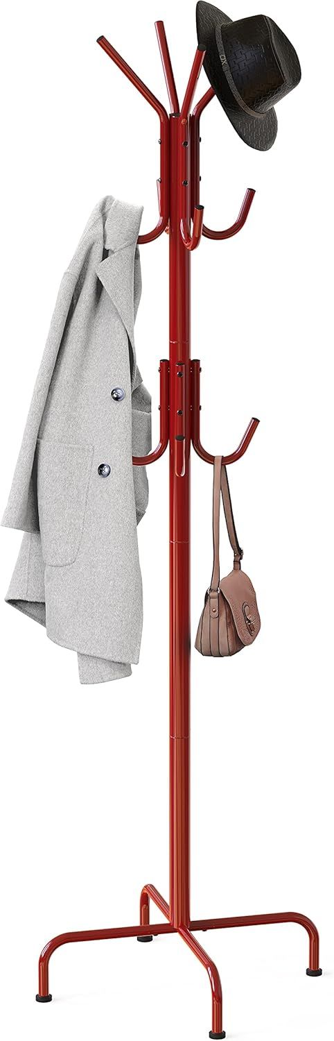 Passion Red Metal Standing Coat and Hat Rack with 12 Hooks