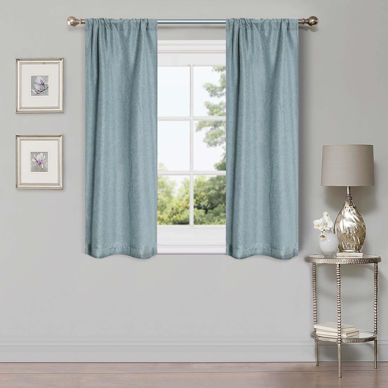 Teal Linen Pattern Blackout Rod Pocket Curtains, 26" x 63"