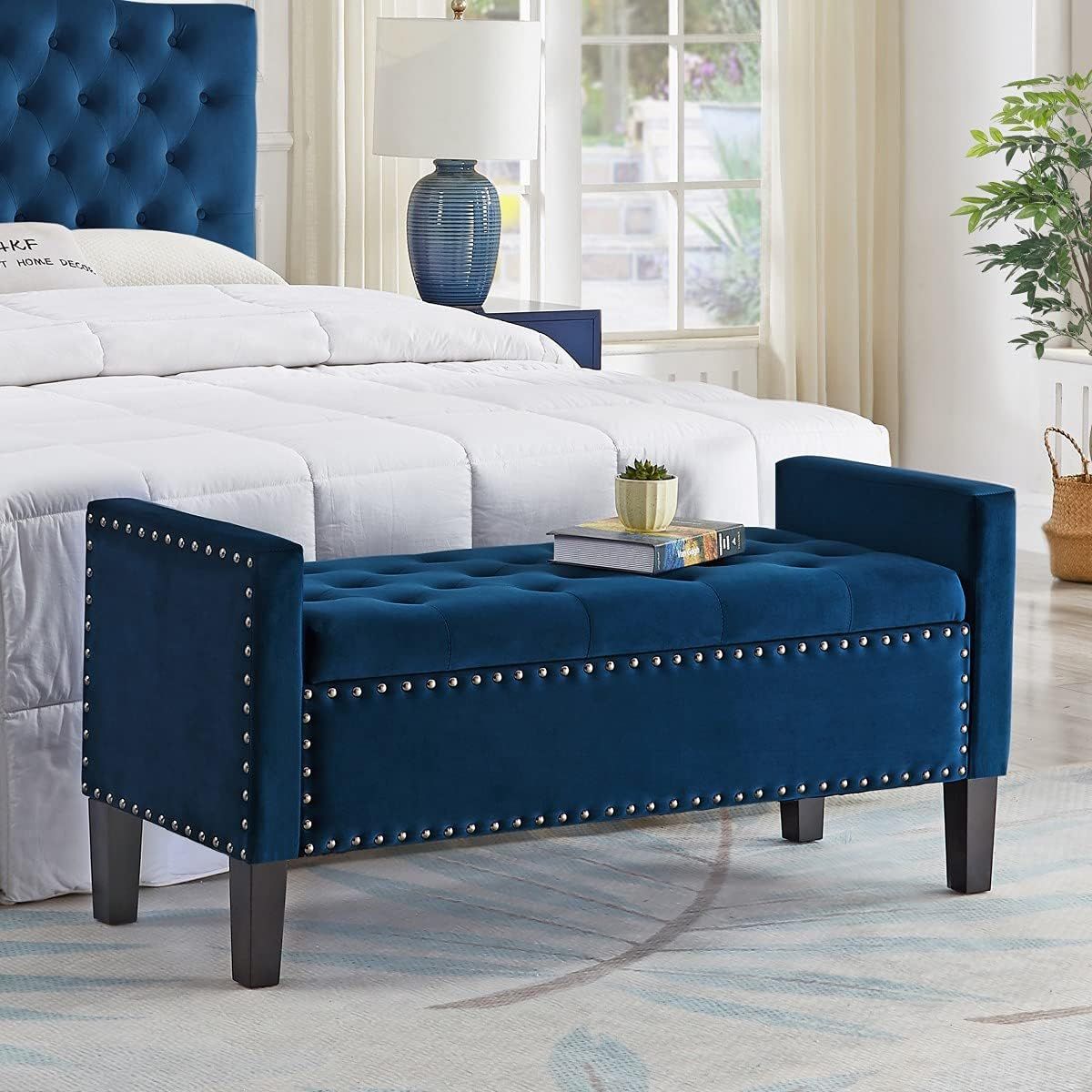 Navy Velvet Tufted Storage Bench with Arms and Nailhead Trim