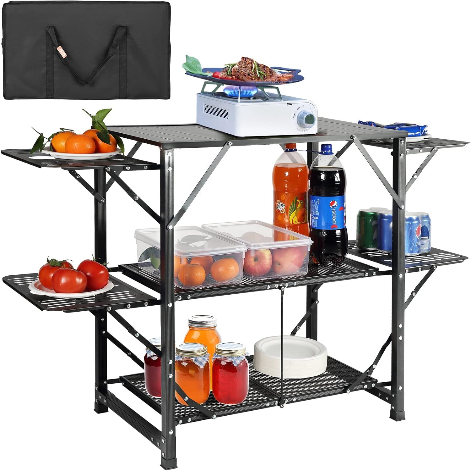 Black Aluminum Folding Camping Kitchen Table with Shelves and Carry Bag