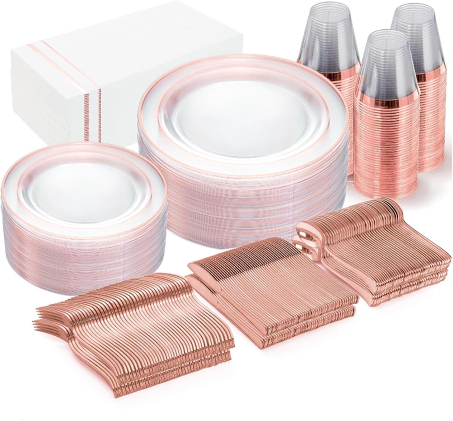 Rose Gold and Clear Plastic Dinnerware Set for 50 Guests