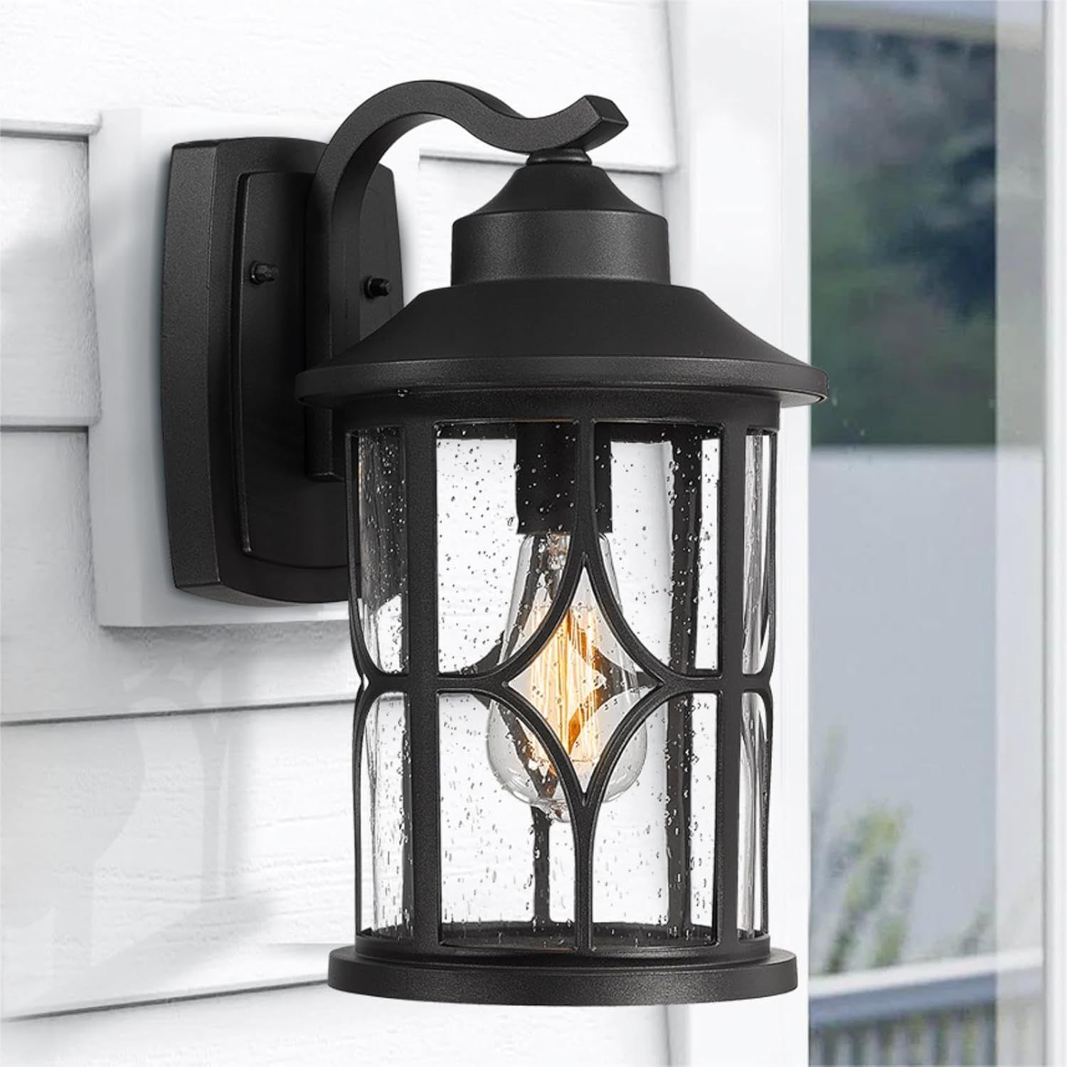 Black 14.6 Inch Industrial Outdoor Wall Light with Seeded Glass