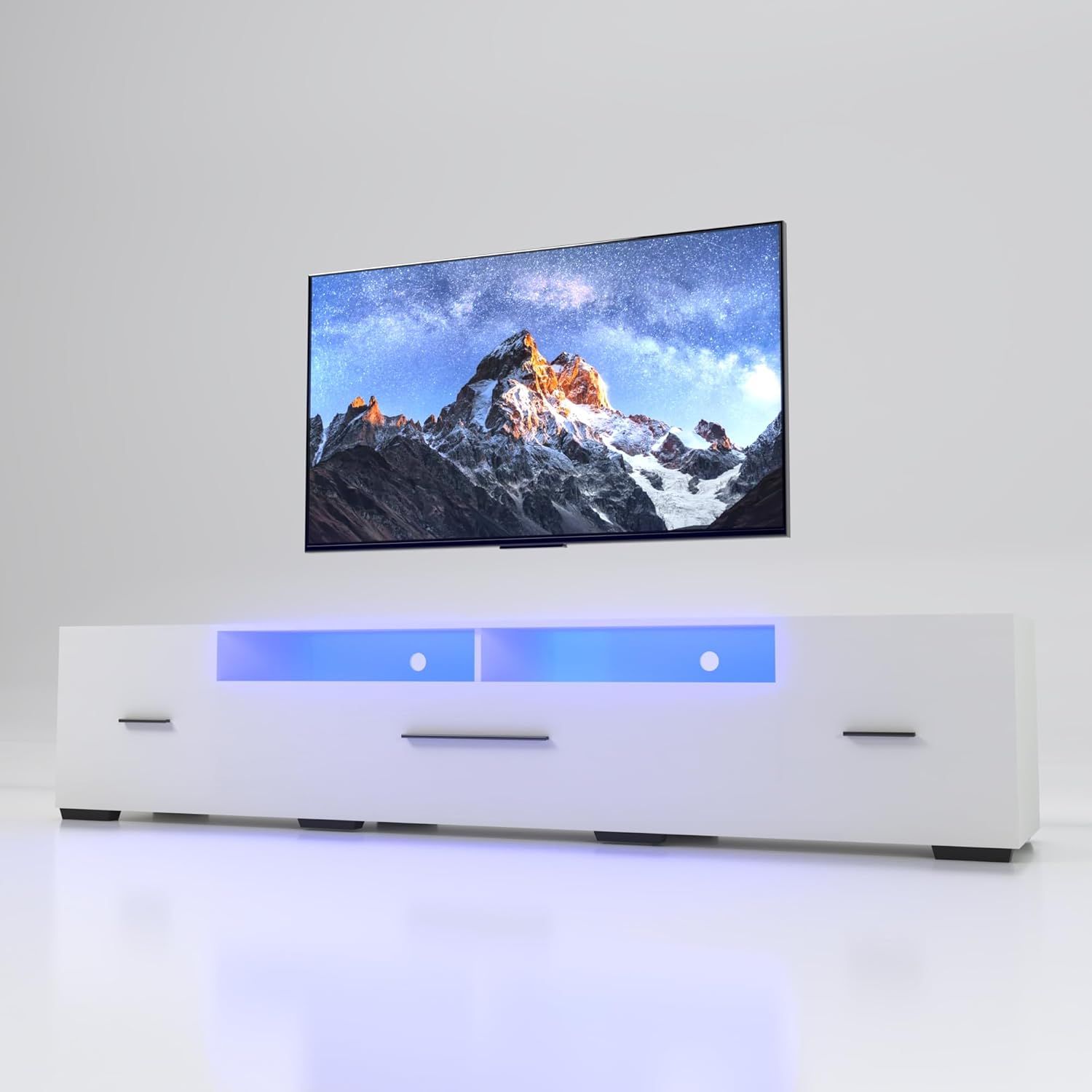 White LED TV Stand with Storage Cabinets for 80 Inch TV