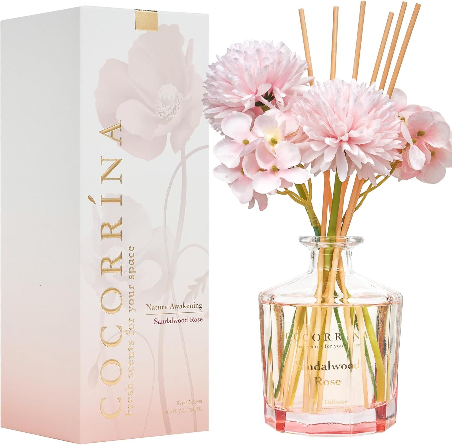 Sandalwood Rose 8.5oz Glass Reed Diffuser with Pink Flowers