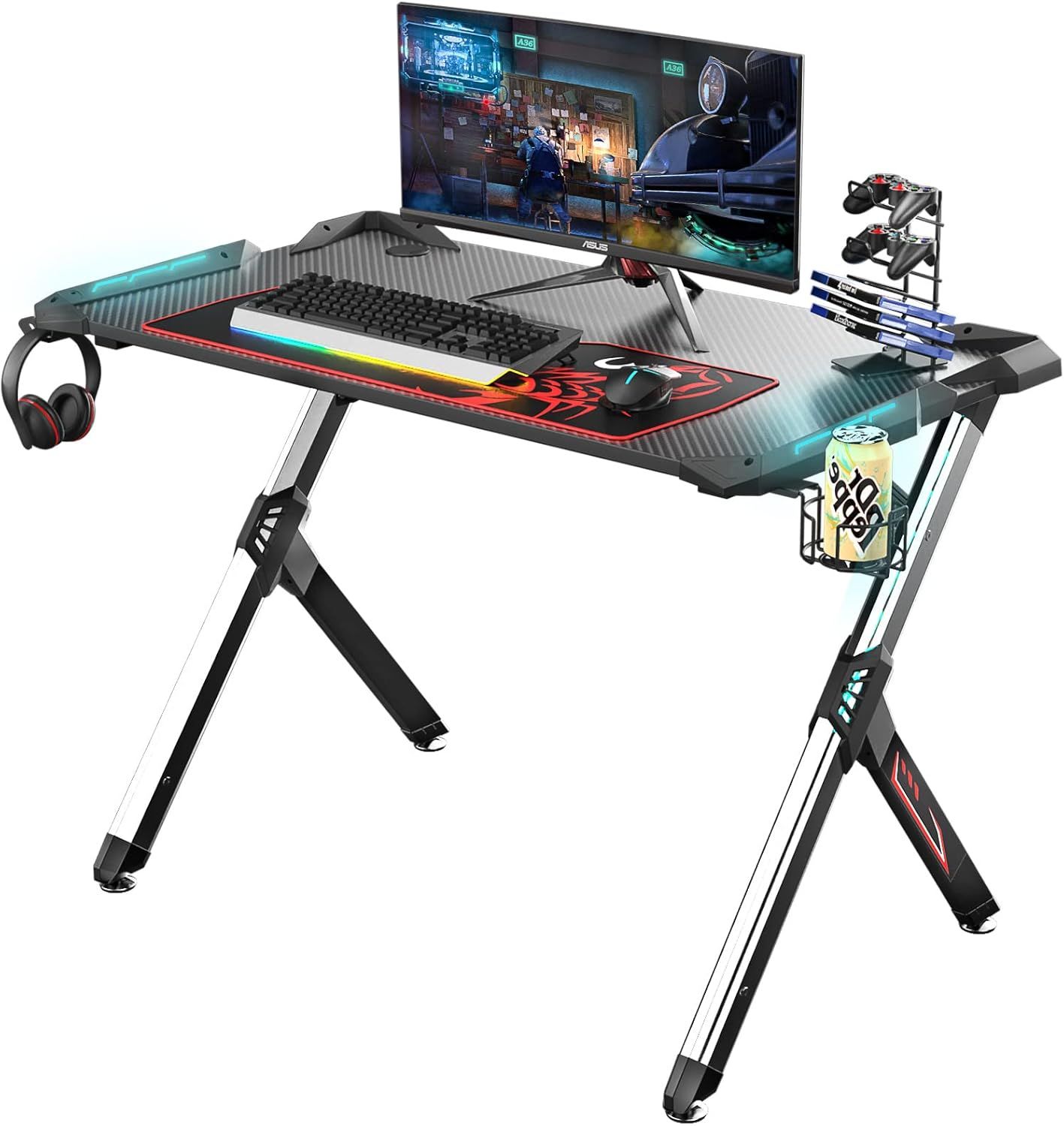 Ergonomic Black Gaming Desk with RGB Lighting and Steel Legs