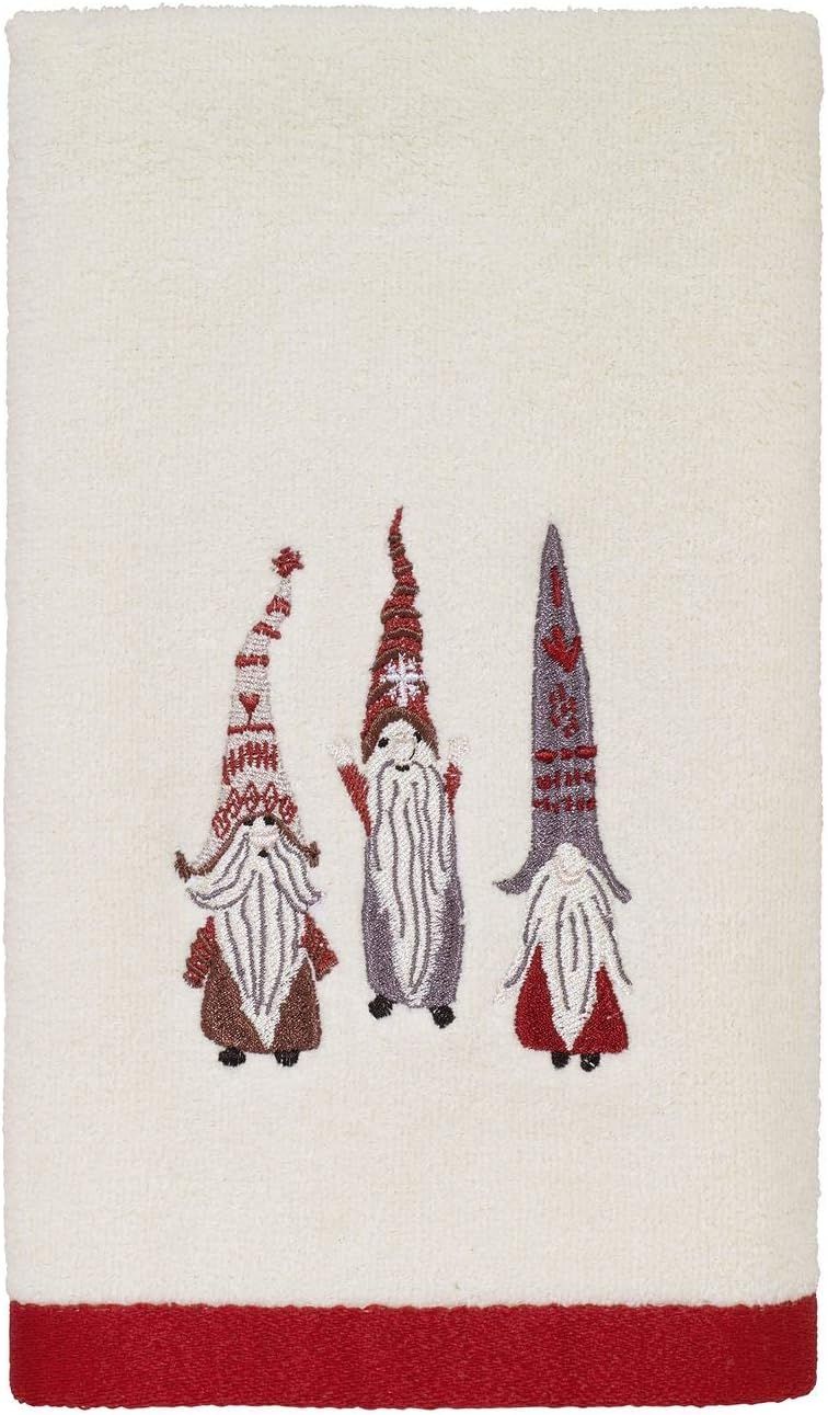 Ivory Cotton Hand Towel with Festive Gnome Embroidery