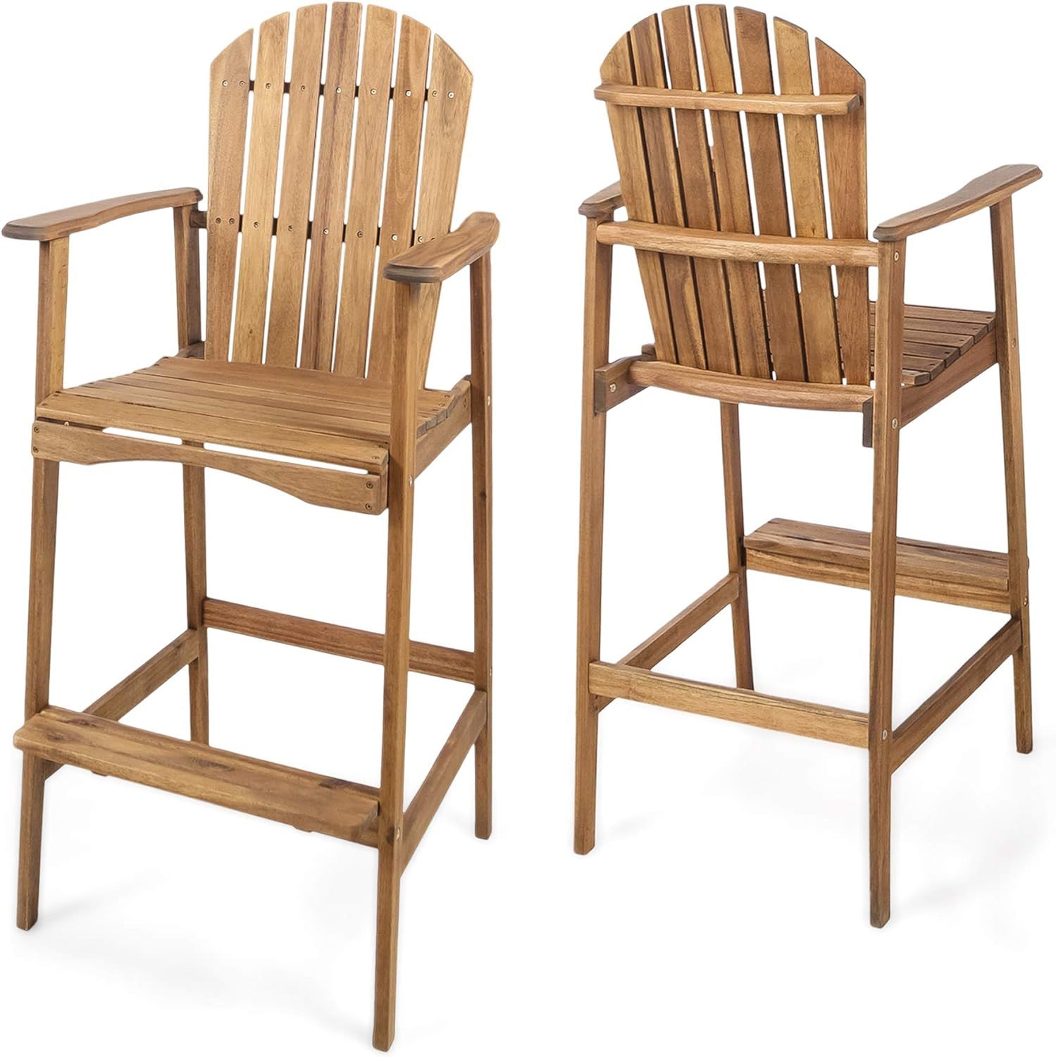 Natural Acacia Wood Outdoor Adirondack Barstools with Arms, Set of 2