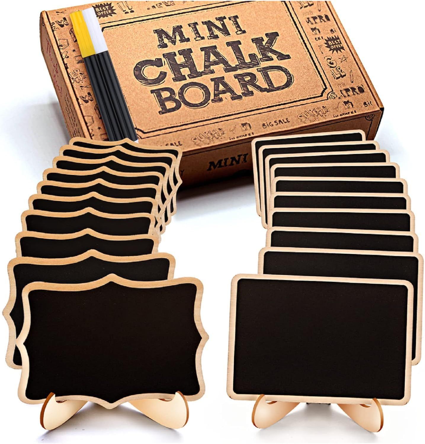 Mini Wooden Chalkboard Signs with Easel Stand, 20 Pack