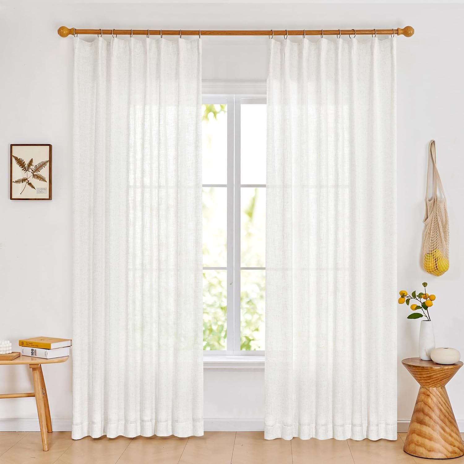 Cream Light-Filtering Linen Pleated Curtain Panels, 84 Inch