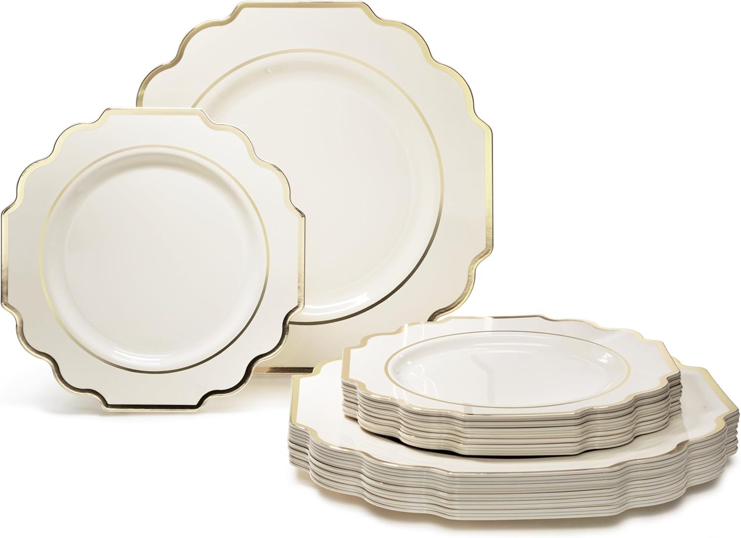 Imperial Ivory and Gold Disposable Plastic Wedding Plates Set