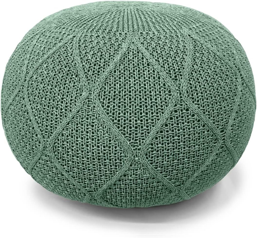 Green Knitted Round Pouf Ottoman with Polyurethane Foam