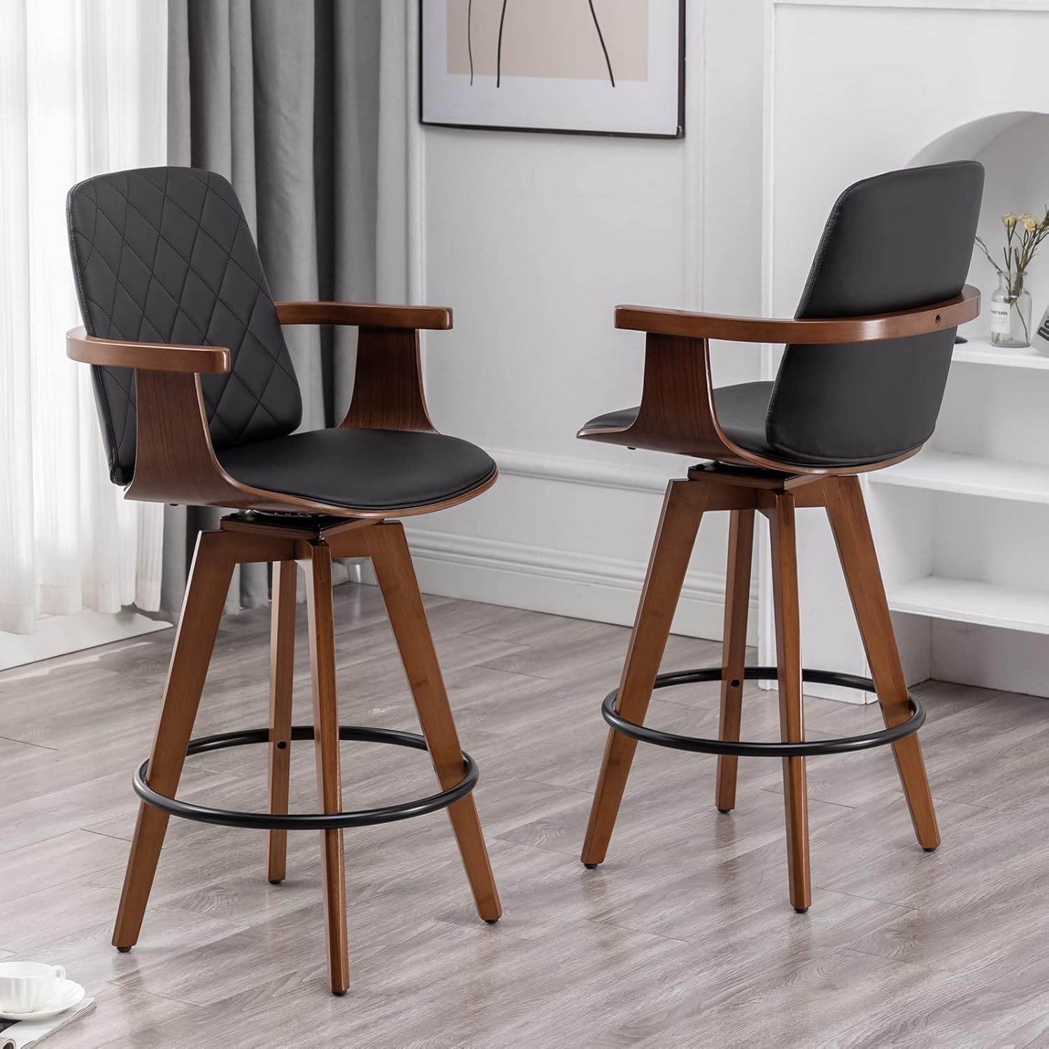 Black Faux Leather Swivel Bar Stools with Wooden Arms and Legs, Set of 2