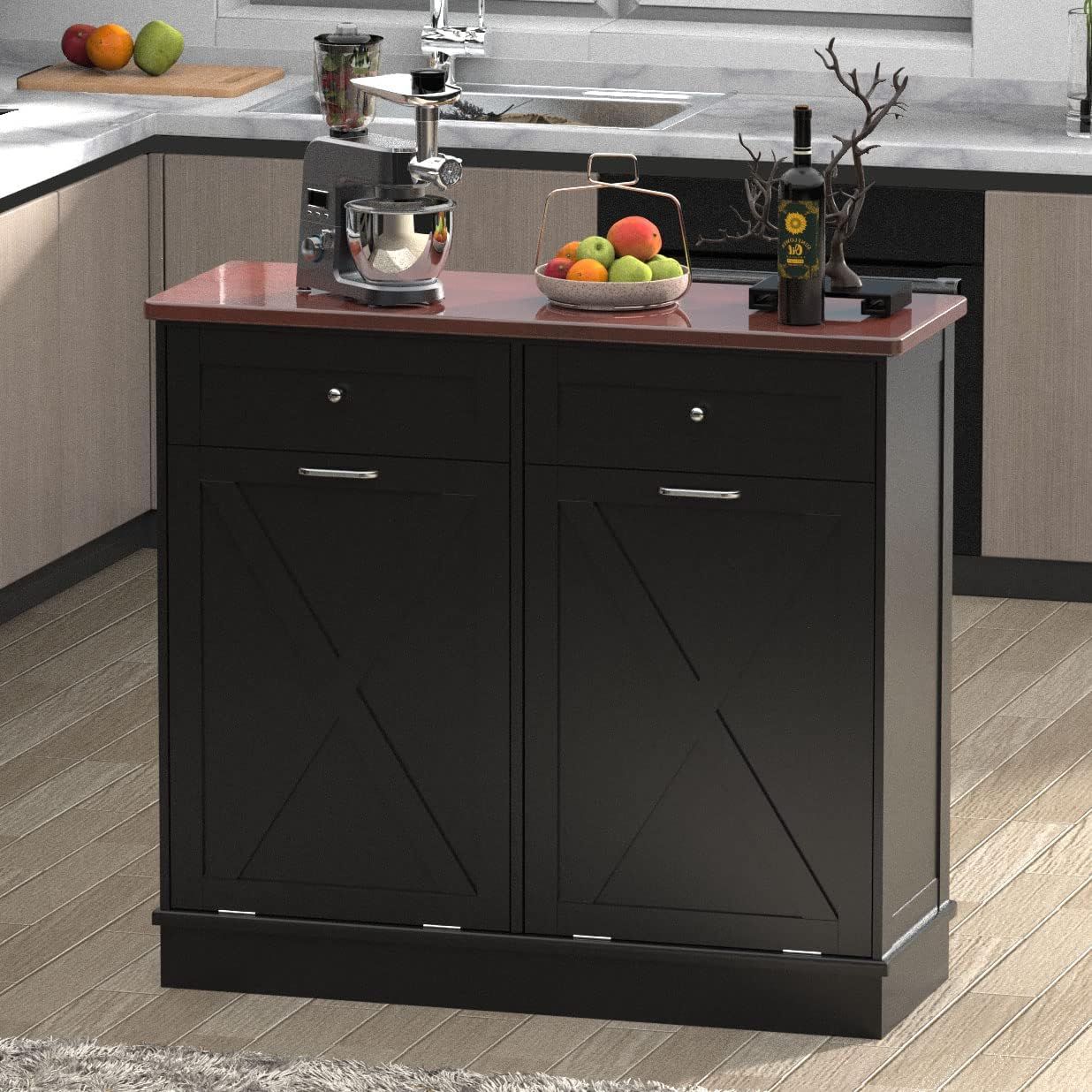 Black Engineered Wood Freestanding Kitchen Cabinet with Adjustable Shelving