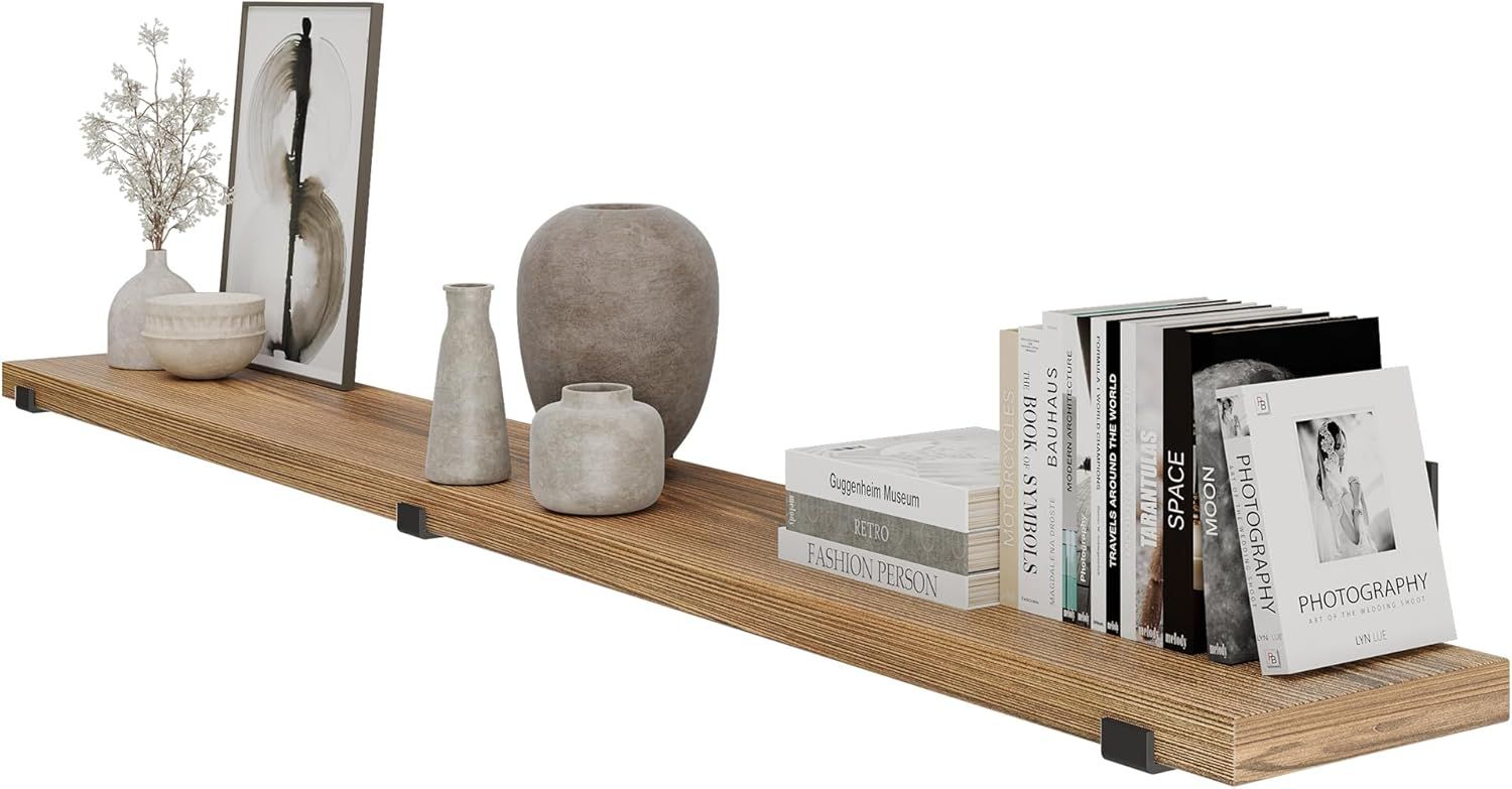 Forte 72'' Burnt Wood Floating Wall Shelf with Black Brackets