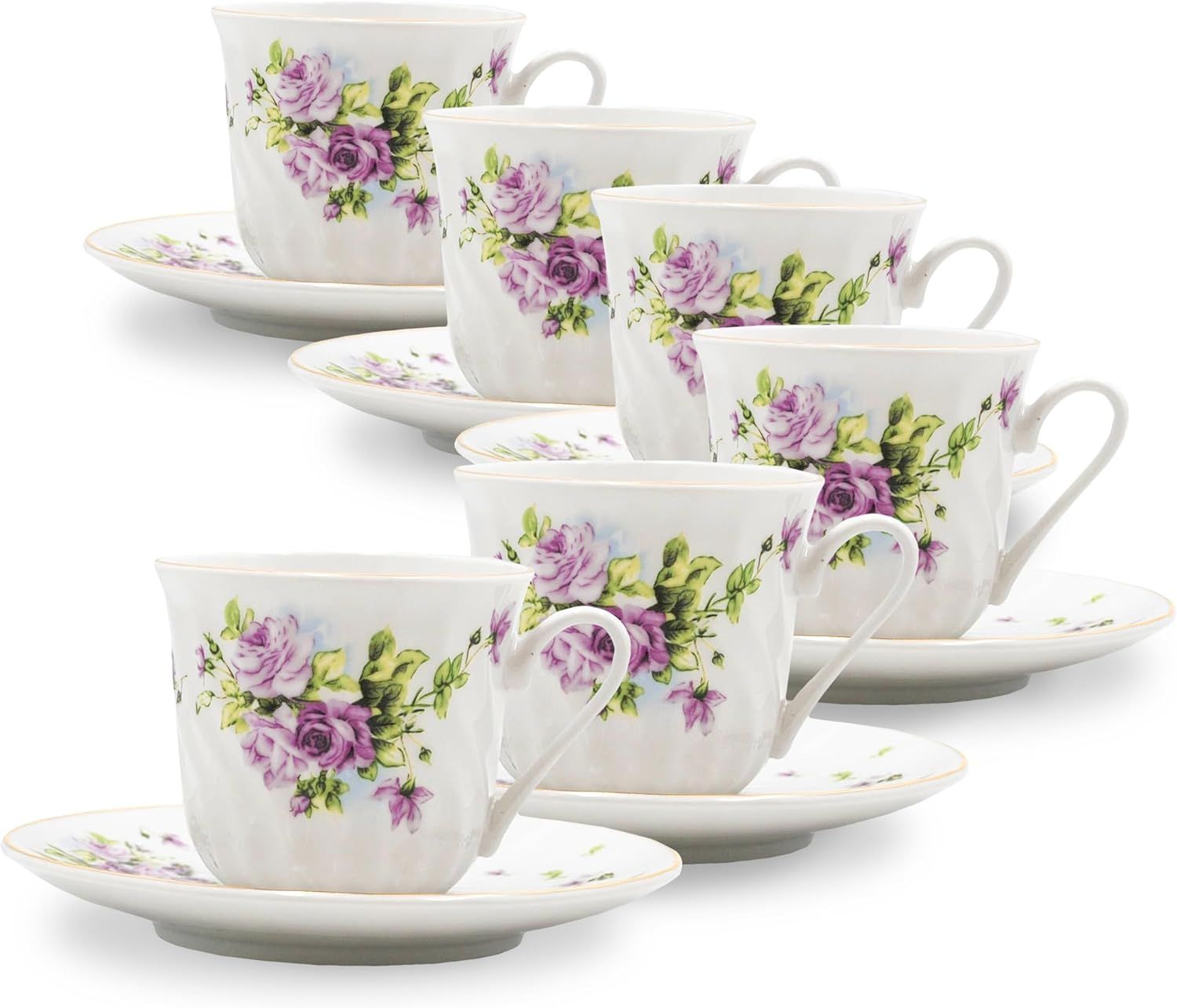 Lucinda Floral Ceramic Teacup and Saucer Set with Gold Trim