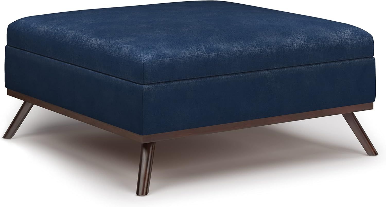 Owen Mid-Century Distressed Dark Blue Faux Leather Storage Ottoman