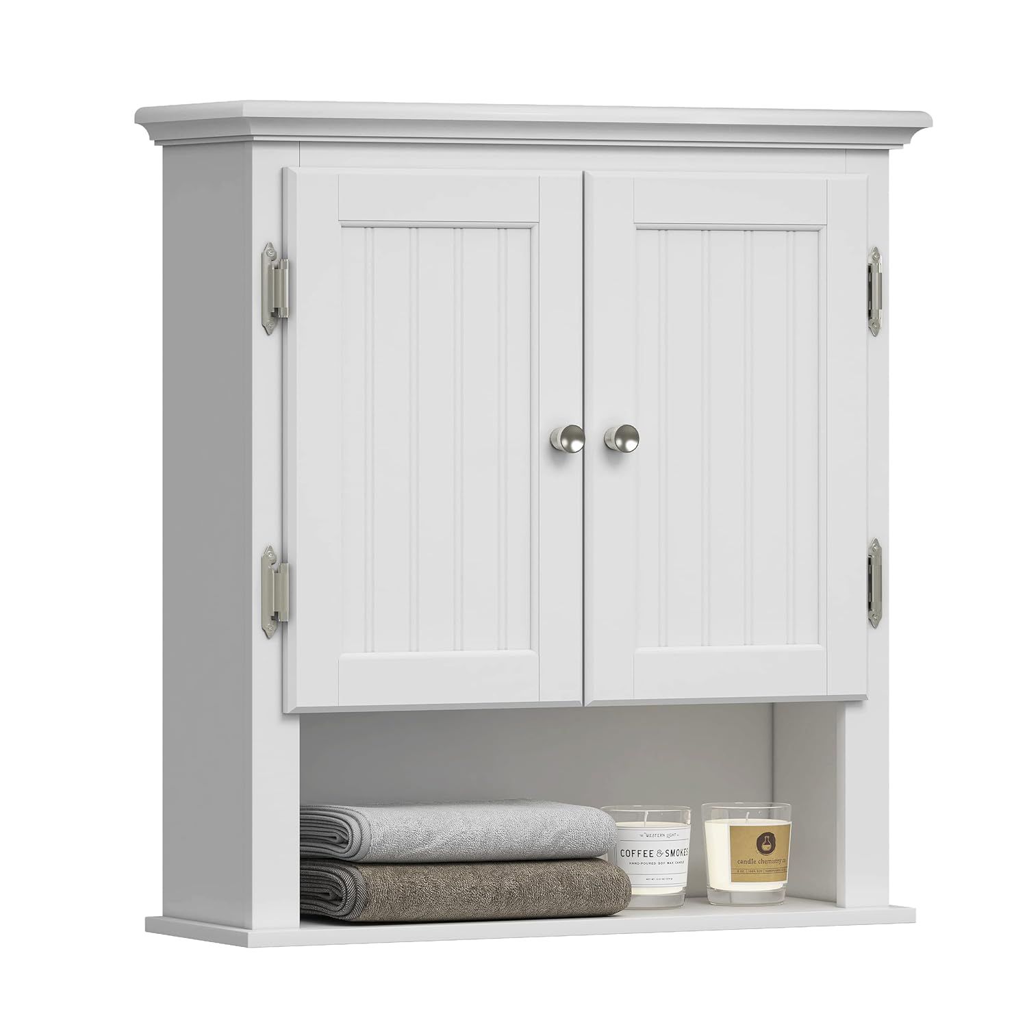 White Wood Wall Mounted Bathroom Cabinet with Adjustable Shelves