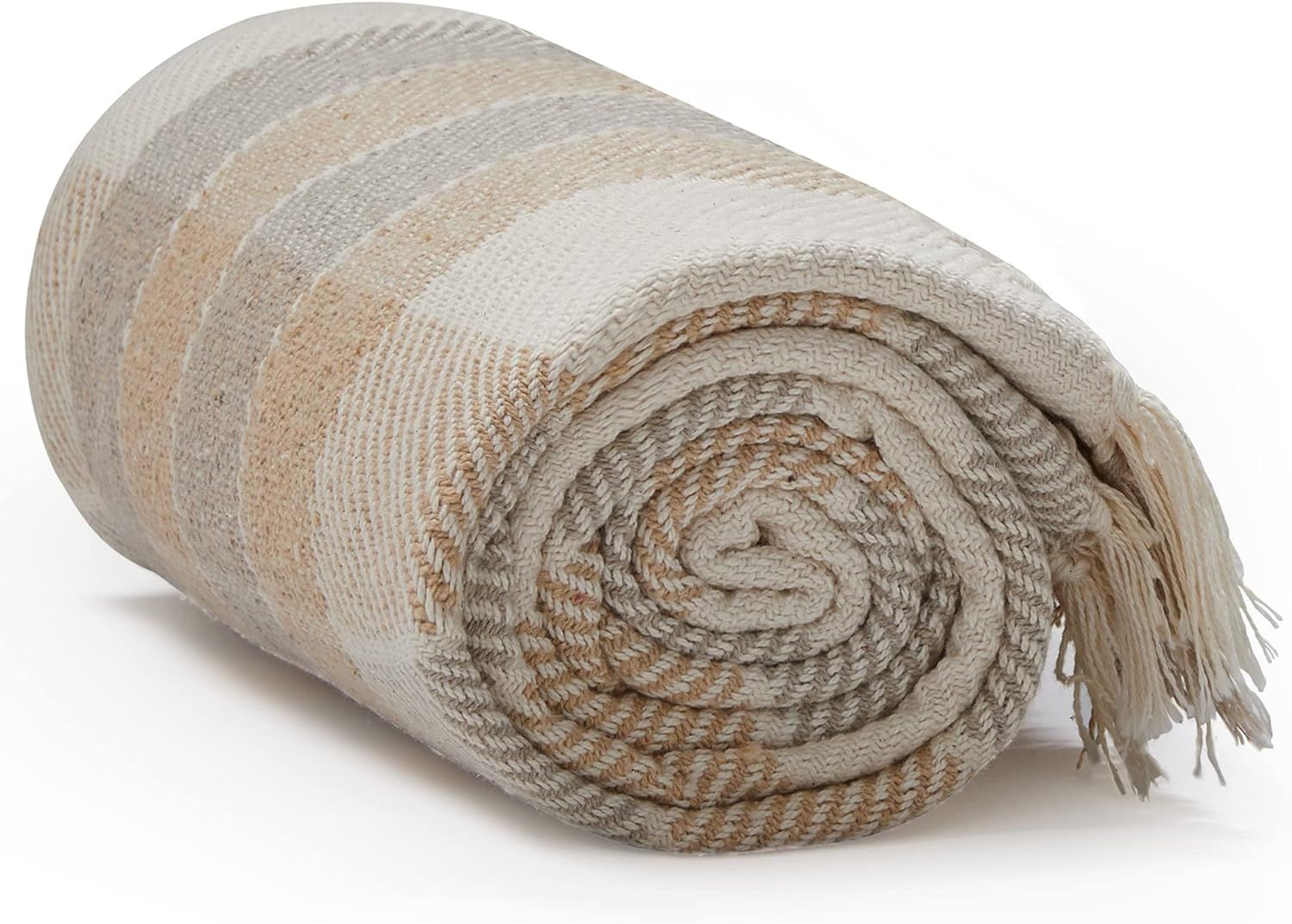 Camel Beige Plaid Cotton Reversible Throw Blanket