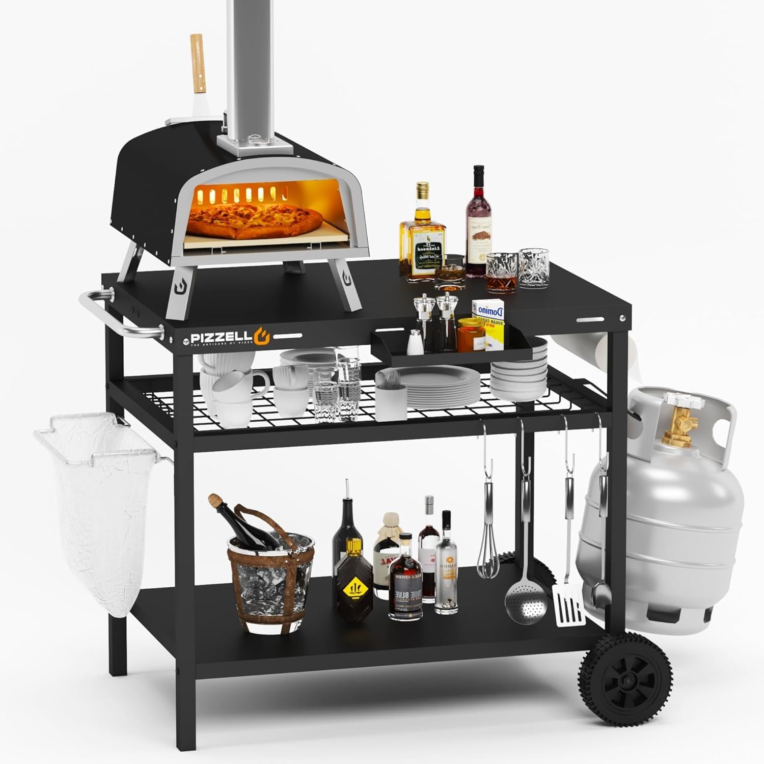 Black Steel Three-Shelf Outdoor Grill Cart with Wheels