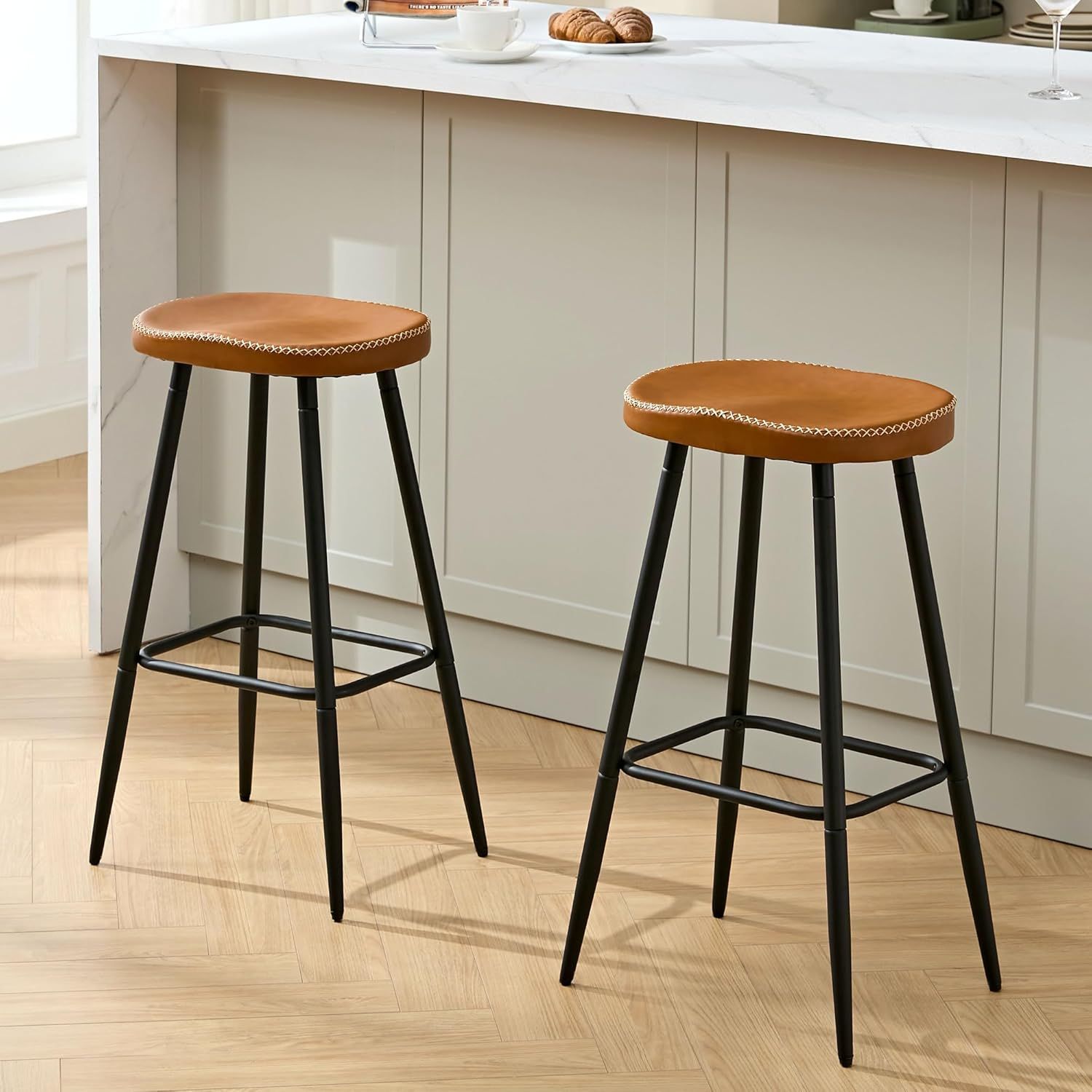 Whiskey Brown Faux Leather Swivel Backless Bar Stools, Set of 2