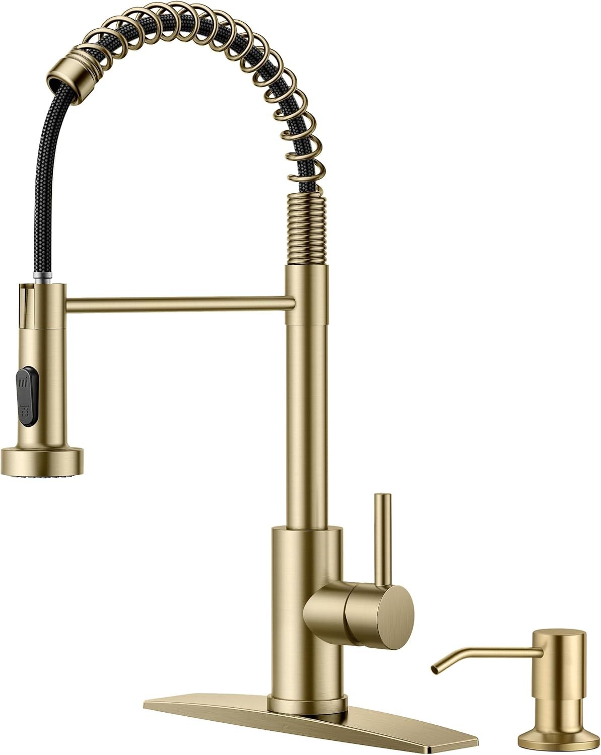 Gold Stainless Steel Pull Down Kitchen Faucet with Soap Dispenser