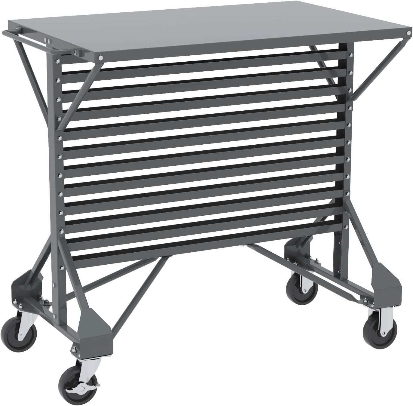 Gray Steel Mobile Bin Cart with Flat Shelf