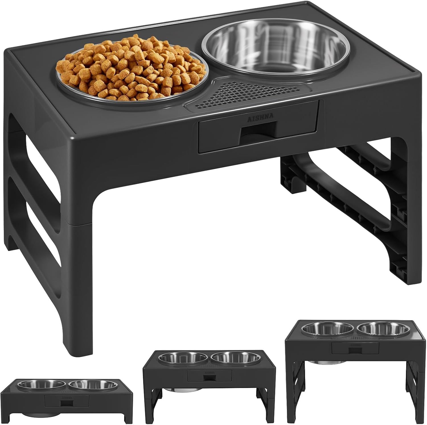 Adjustable Black Particle Board Raised Dog Bowls with Stainless Steel Bowls