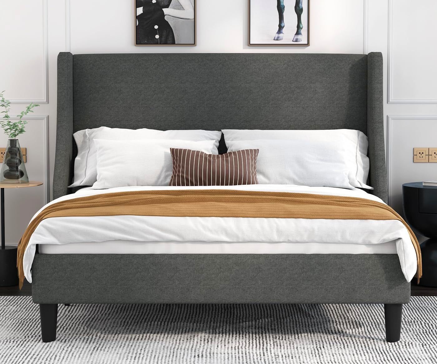 Queen Size Dark Gray Upholstered Metal Frame Bed with Tufted Headboard