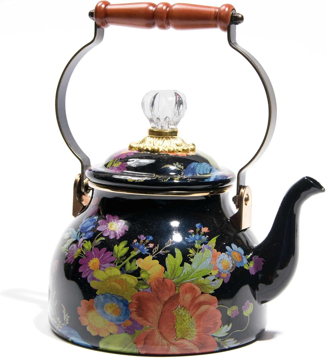 Black Floral Enamel Tea Kettle with Wood Handle, 2-Quart