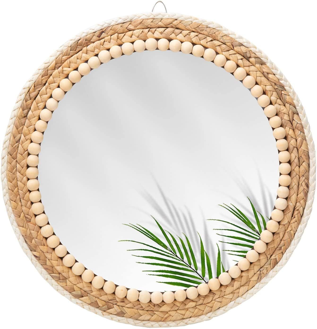 Boho Round Rattan and Wood Bead Wall Mirror, 15 Inch