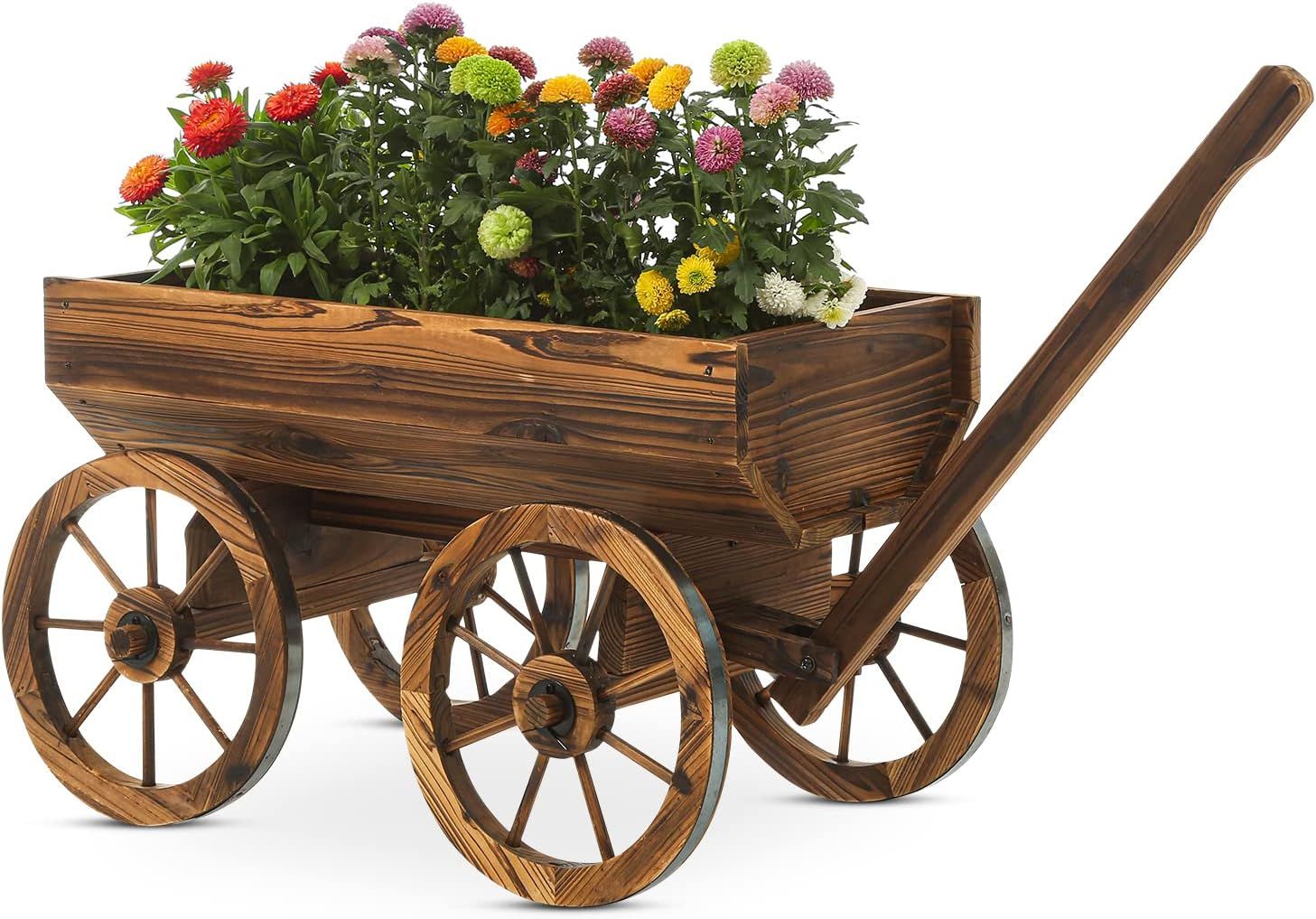 Rustic Cedar Wood Wagon Planter with Wheels for Outdoor Use