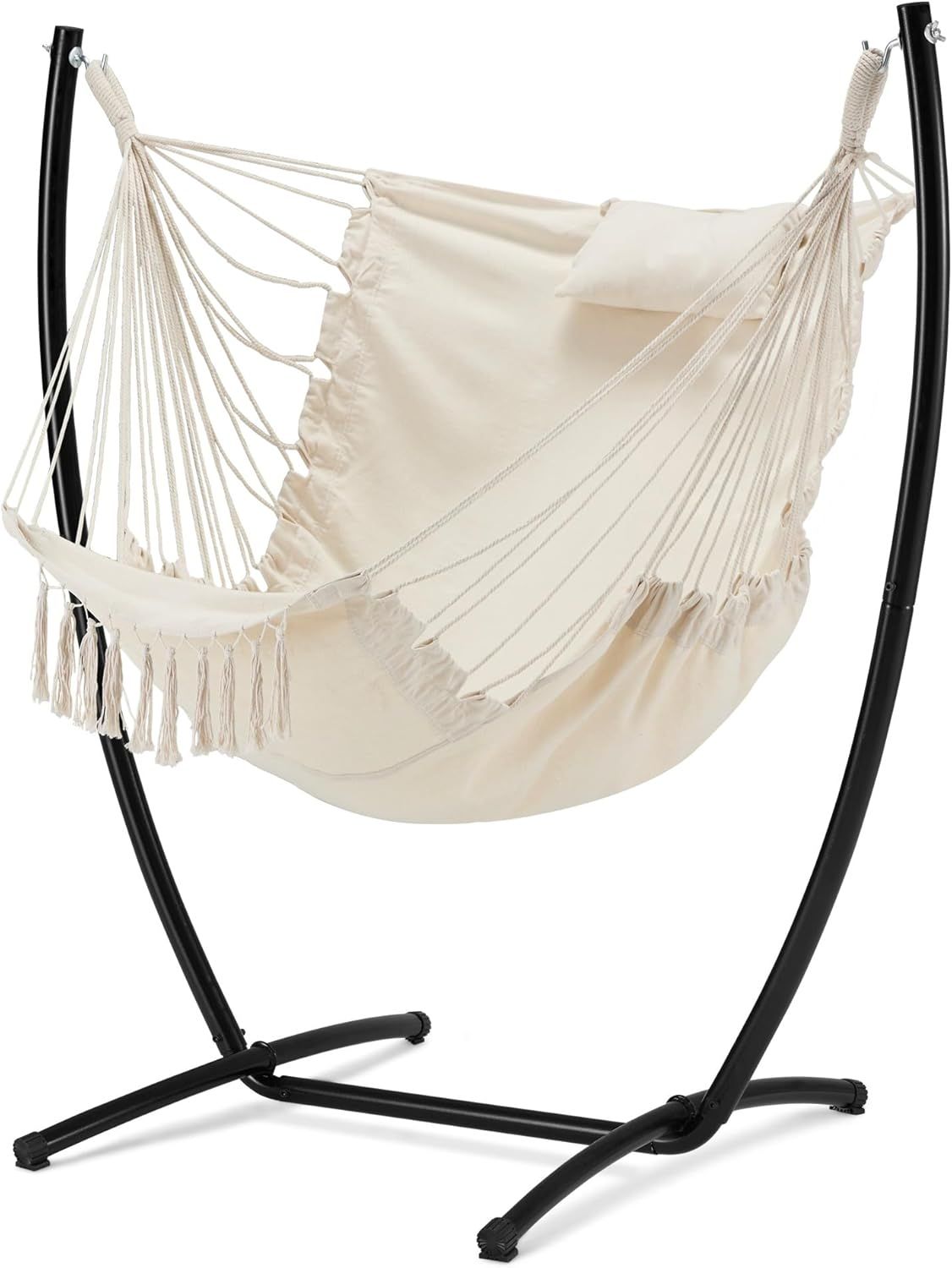 Off-White Cotton Hanging Hammock Chair with Stand