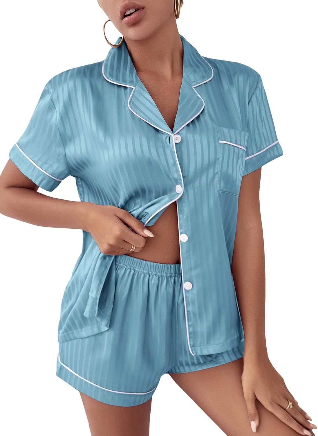 Blue Striped Satin Short Sleeve Pajama Set