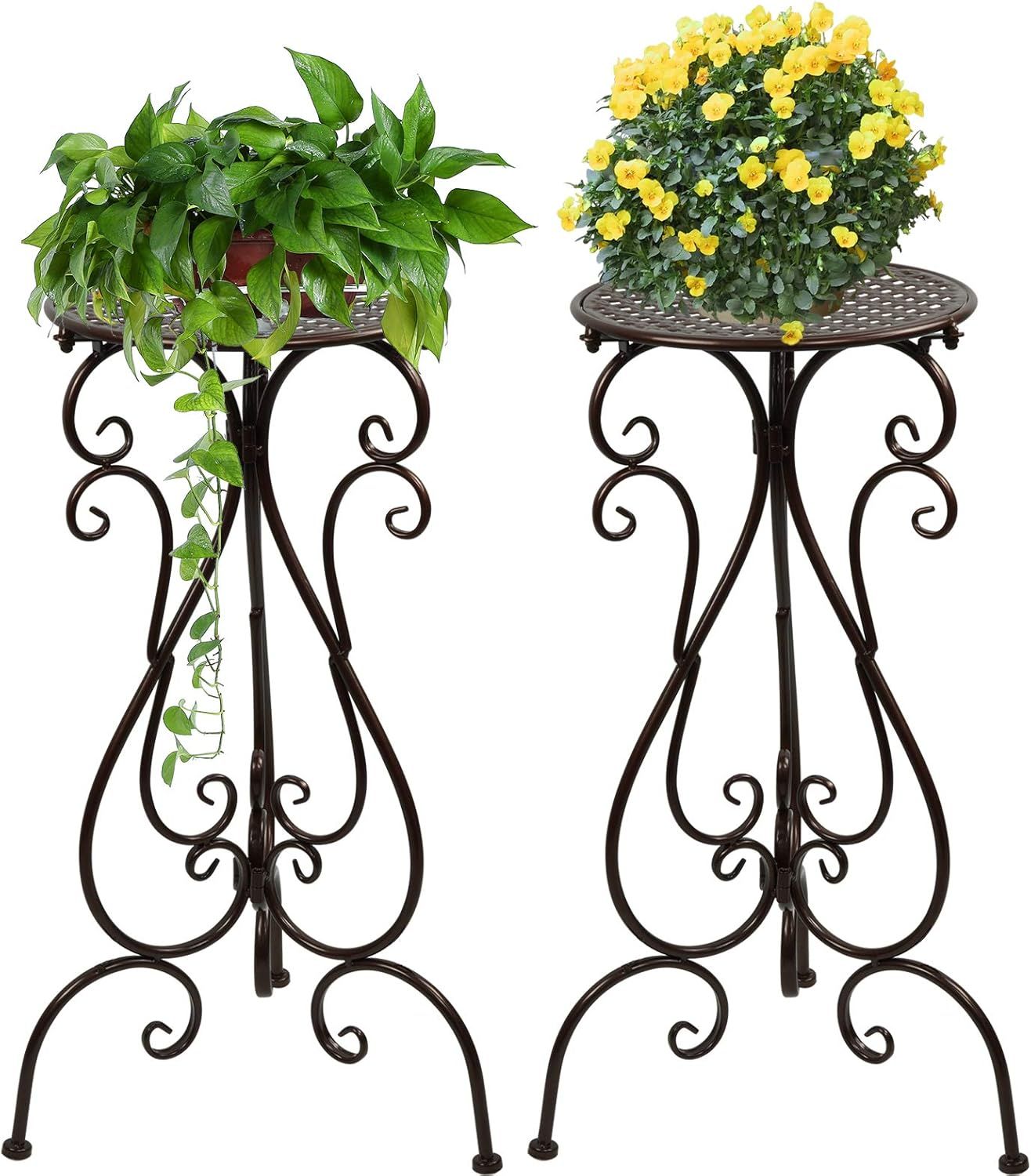 22.5" Tall Brown Wrought Iron Plant Stands, Set of 2